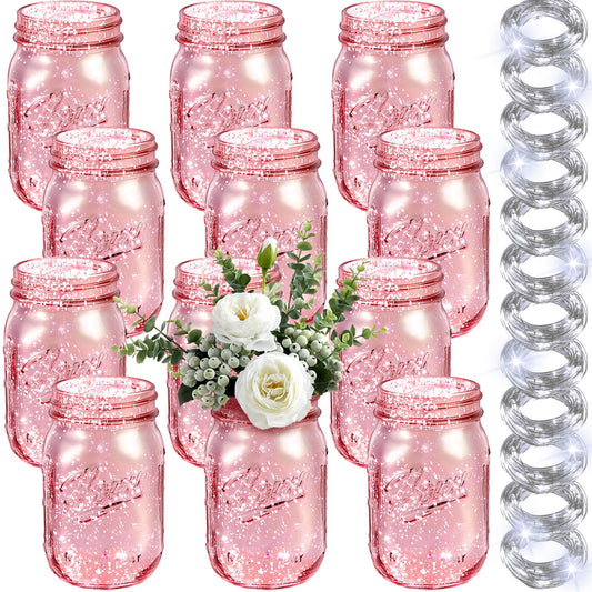 Tioncy 12 Pcs Painted Mason Jars for Table Glass Decorative Jars with 12 Light Strings for DIY Wedding Valentines Day Housewarming Home Decoration(Pink)