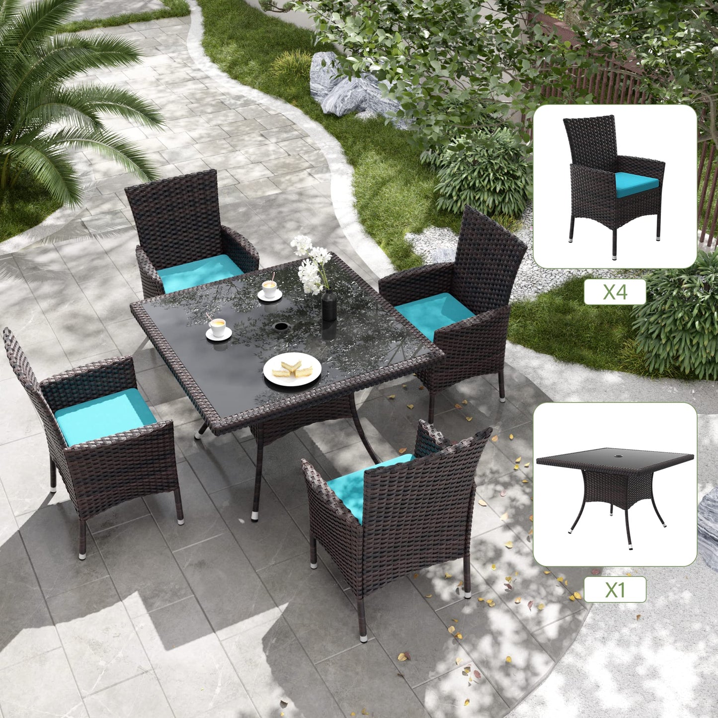 Delnavik 5-Piece Patio Outdoor Dining Set, Wicker Patio Furniture Set of 4 Rattan Chairs with Soft Cushions and Square Table with Umbrella Cutout, Blue