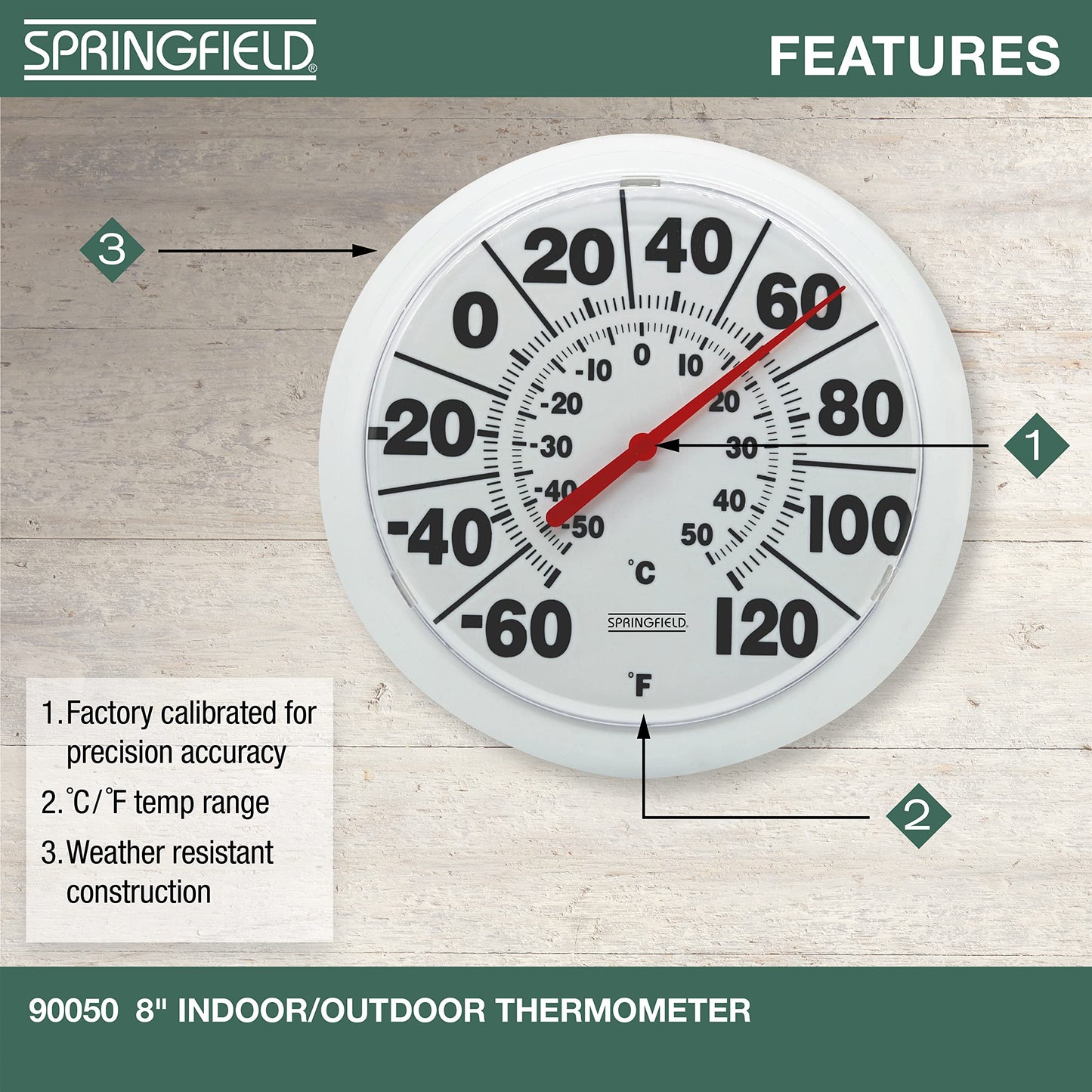 Springfield Indoor Outdoor Big and Bold Dial Thermometer, Wireless Thermometer with Easy to Read Large Numbers for Patio, Pool, and Indoor Areas, 8-Inch, White