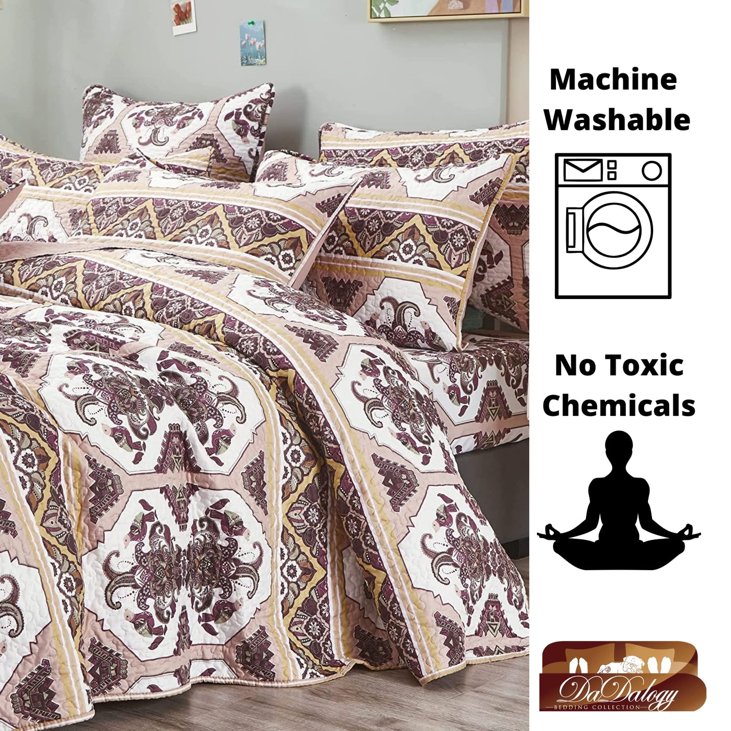 DaDa Bedding Baroque Quilted Bedspread Set - 3-Piece, Southwestern Paisley Reversible Comforter, Burgundy & Rose Pink - Full Size