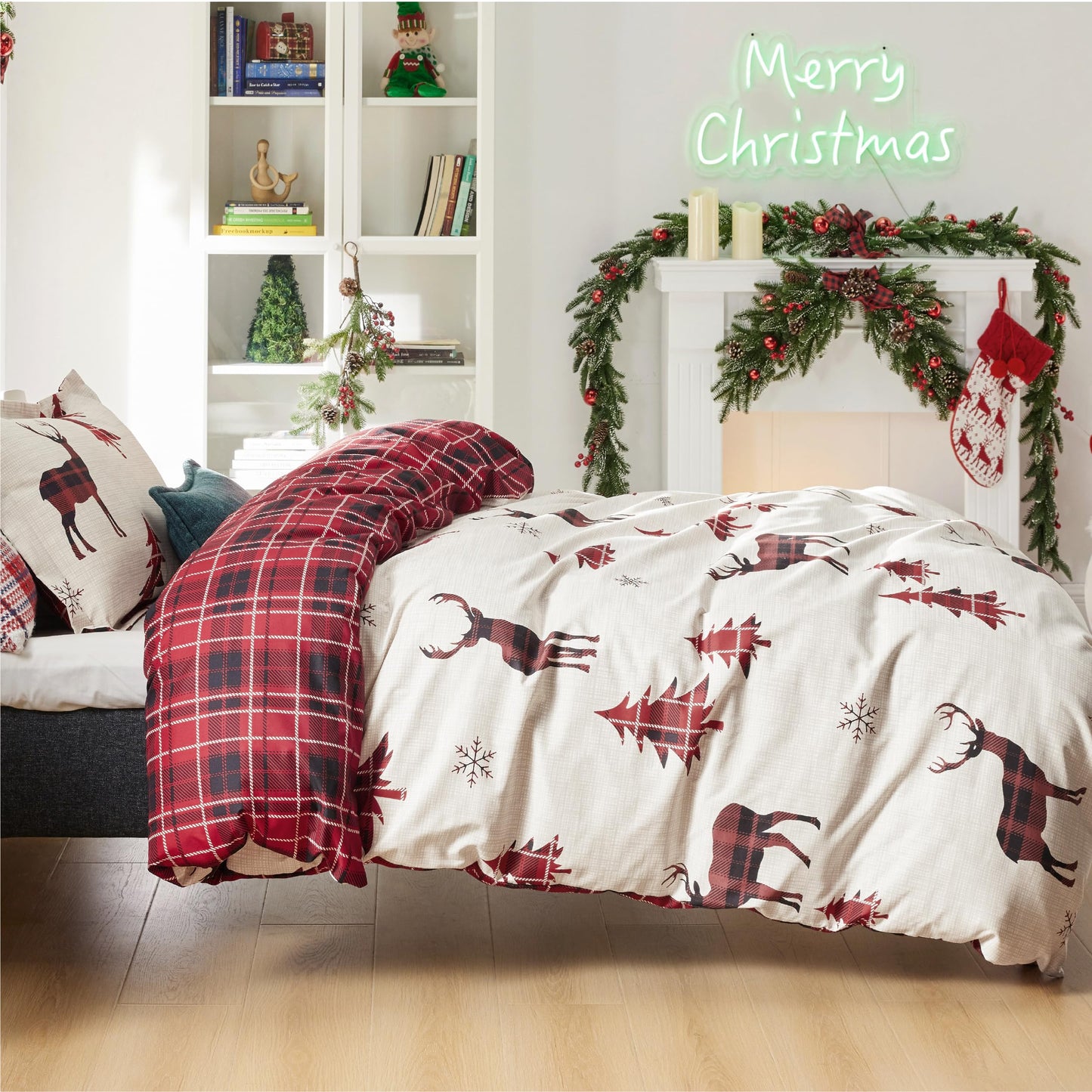 Bedsure Christmas Duvet Cover Twin - Christmas Kids Bedding Set, Reversible Buffalo Check Printed Christmas Plaid Duvet Cover, Includes 1 Duvet Cover and 1 Pillow Sham (Twin, Reindeer)