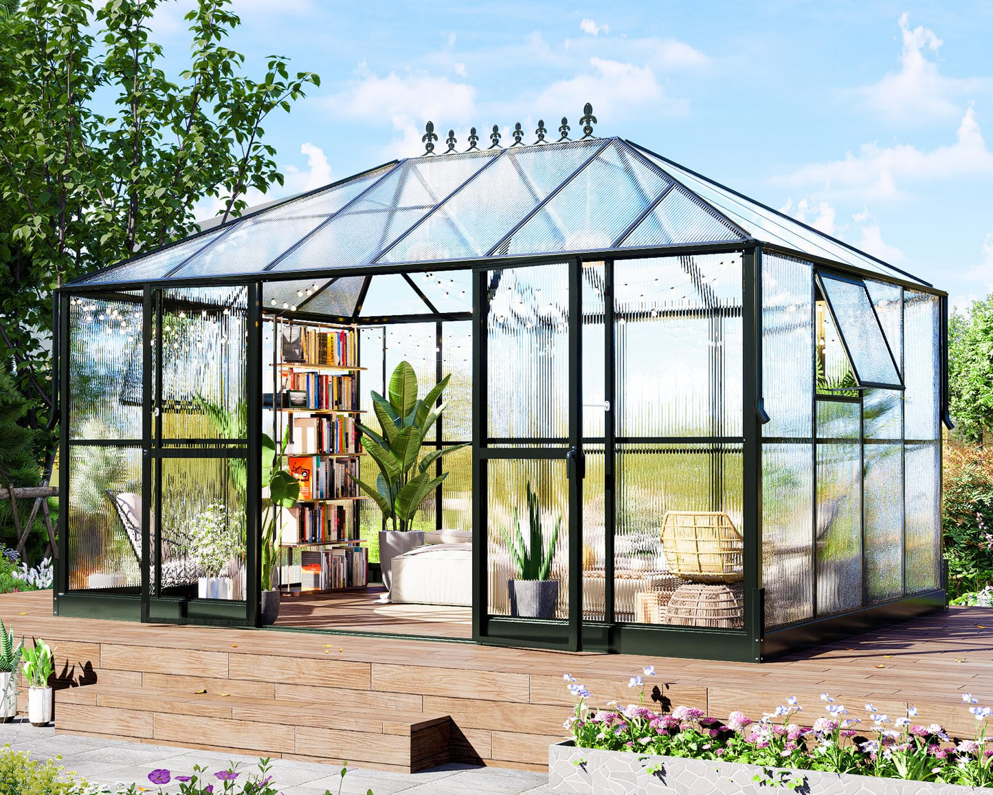 HOWE 14x9.5x9 FT Polycarbonate Greenhouse with 2 Vents and Double Swing Doors 6FT Added Wall Height, Walk-in Large Winter Greenhouse Sunroom Aluminum Greenhouse for Outdoors, Black