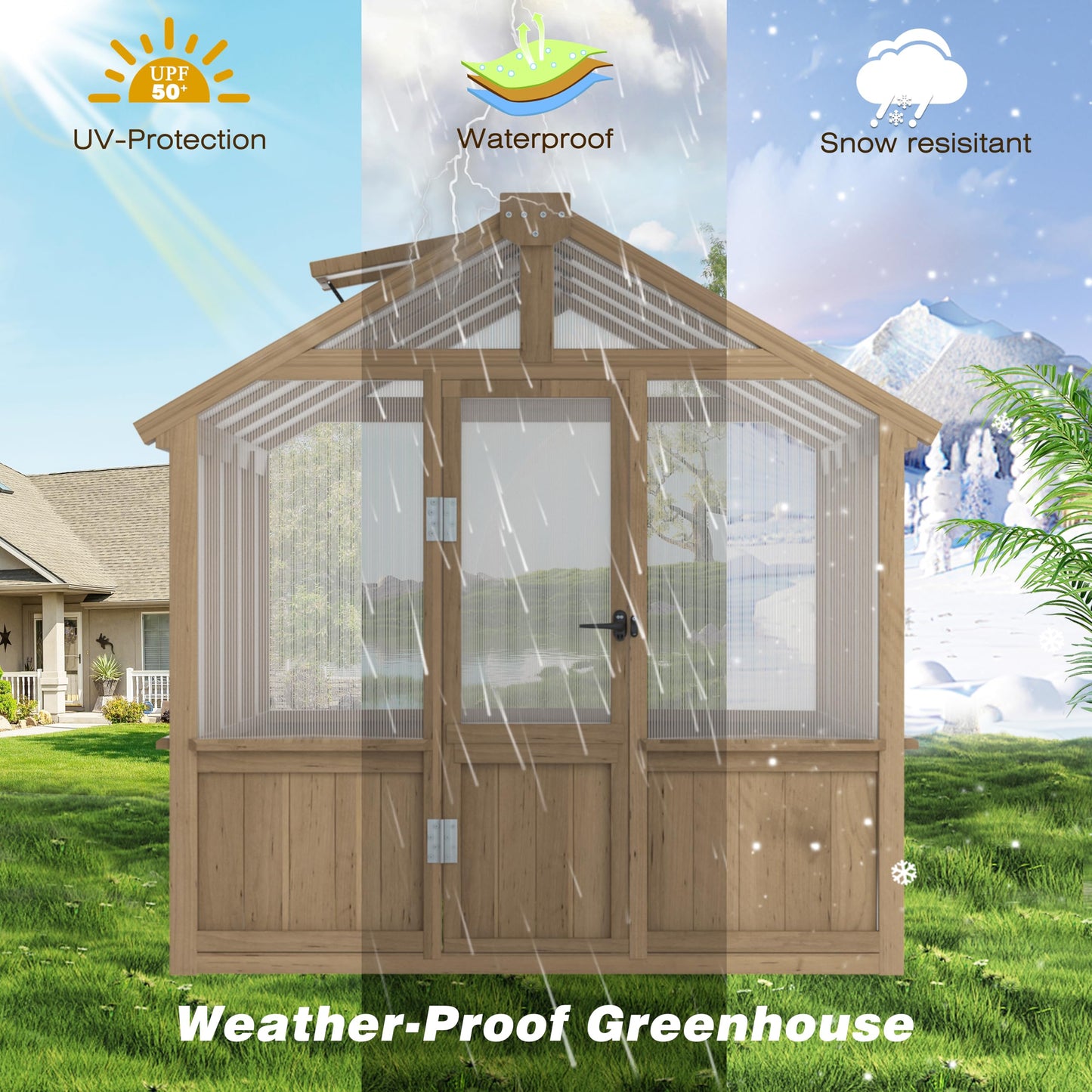 Yardenaler 6x8 FT Greenhouse Kit for Outdoor, Polycarbonate Wooden Walk-in Green House with Lockable Door and Adjustable Roof Vent, Backyard Garden, Light Mocha Brown