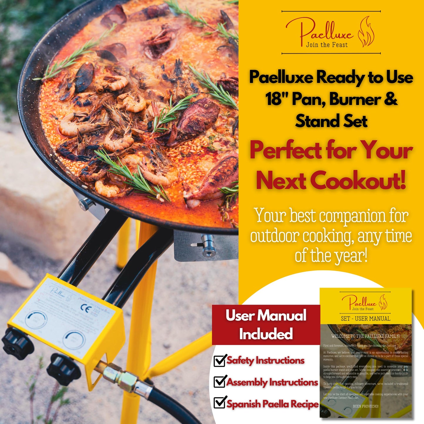 Paelluxe Complete Paella Pan Burner & Stand Set 12 Servings - Dual Propane - 18-Inch Steel Pan - Portable Gas Stove - Wok, Pots, Cast Iron - Ideal for Camping Grill, Backyard