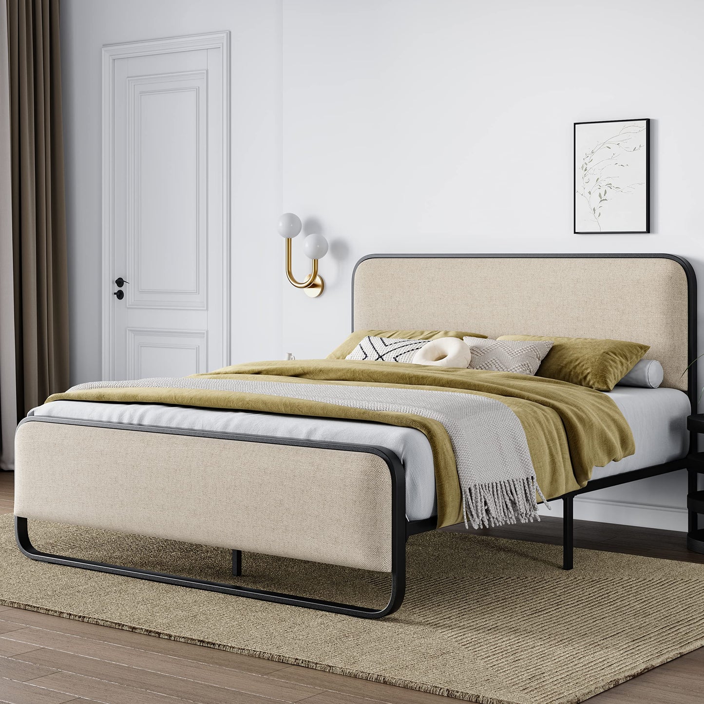 Allewie Queen Size Metal Bed Frame with Curved Upholstered Headboard and Footboard, Platform Bed Frame with Under Bed Storage, No Box Spring Needed, Vintage, Beige
