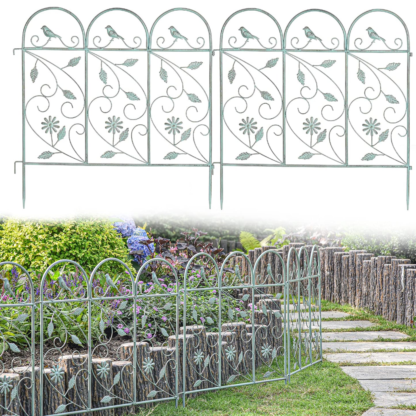 Sungmor 25in x 8ft Metal Garden Fence Border, Rustic Style Decorative Garden Fence Animal Barrier, Landscape Pathway Edge Iron Picket Fence Panels, Plant Support Climbing Trellis, Pack of 4