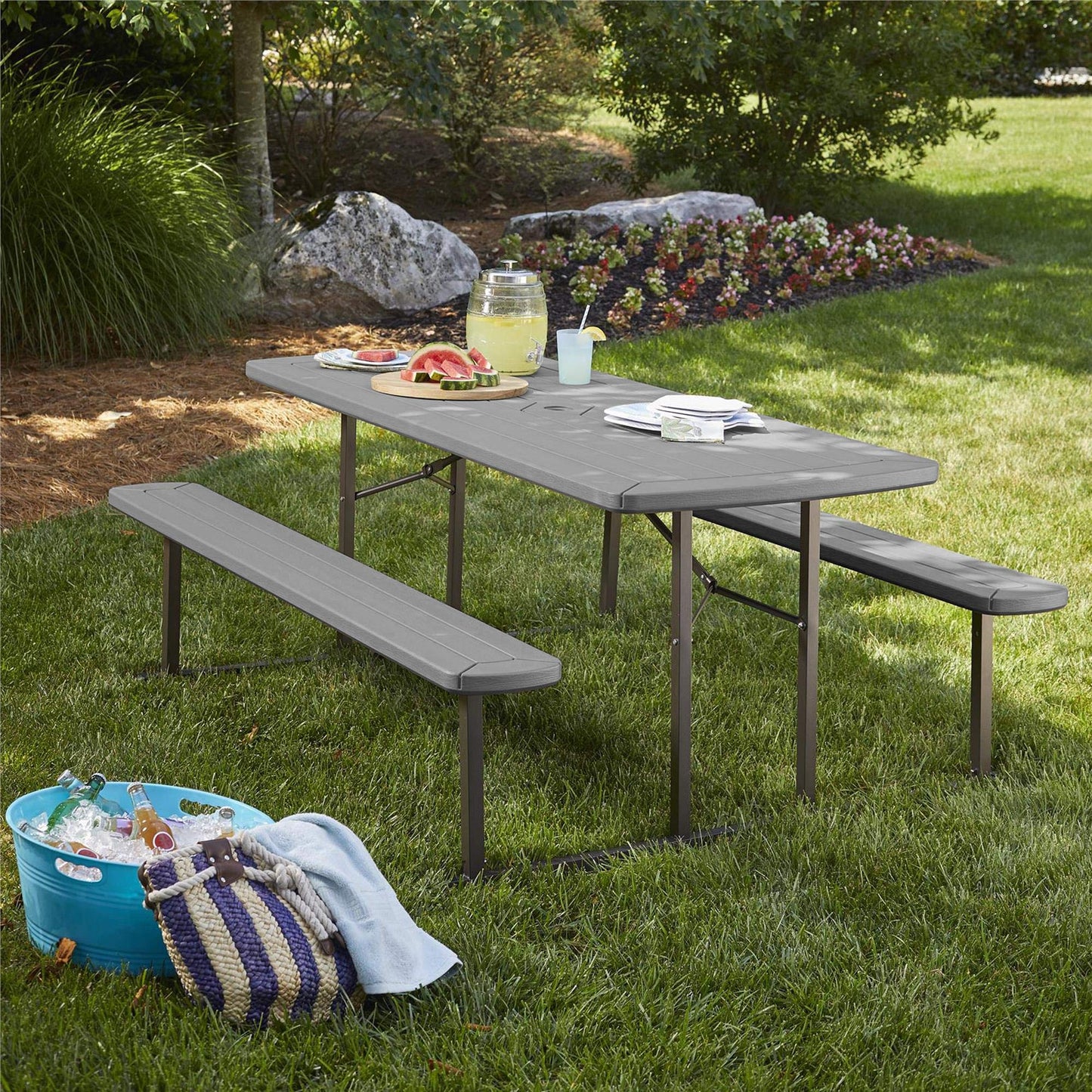 COSCO Outdoor Living 6 ft. Folding Picnic Table, Dark Gray Wood Grain Resin with Gray Steel Legs