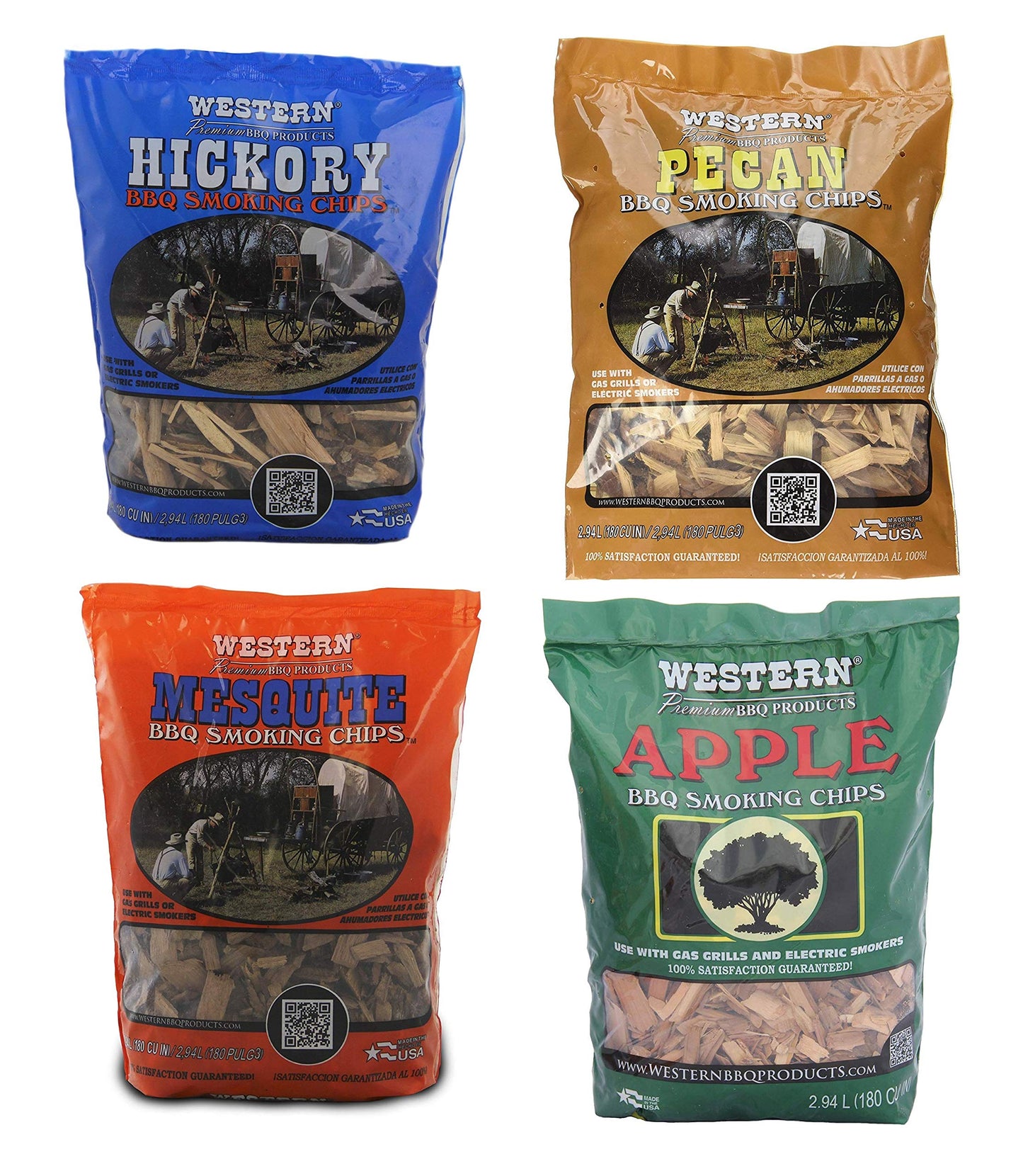 Western BBQ Smoking Wood Chips Variety Pack Bundle (4) Apple, Hickory, Mesquite and Pecan Flavors