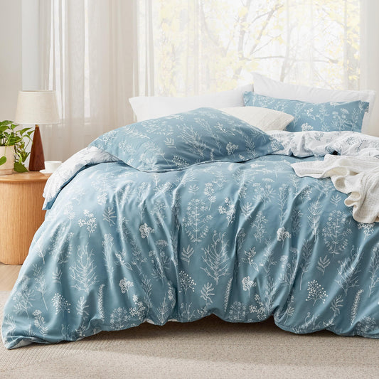 Bedsure Full Comforter Set - Mineral Blue Comforter, Cute Floral Bedding Comforter Sets, Gifts for Woman, 3 Pieces, 1 Soft Reversible Botanical Flowers Comforter and 2 Pillow Shams