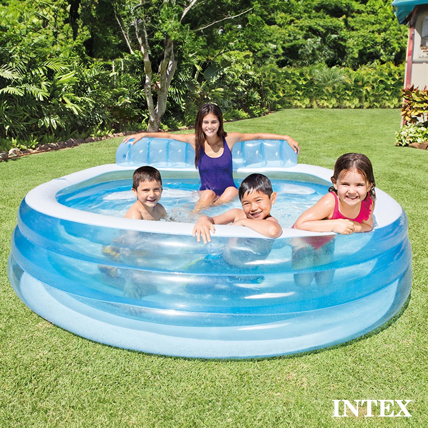 Intex Swim Center Inflatable Family Lounge Pool: Built-in Bench – Cup Holder – 156 Gallon Capacity – 90" x 86" x 31" – Blue