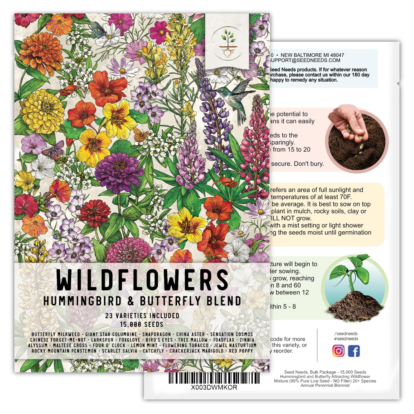 Seed Needs, Package of 15,000+ Hummingbird and Butterfly Garden Wildflower Seed Mixture for Planting (99% Pure Live Seed- NO Filler) 20+ Varieties, Annual Perennial - Bulk