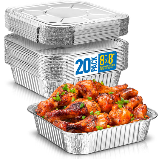 8x8 Disposable Aluminum Pans With Lids - 20 Pack Foil Pans For Cooking, Baking Cakes, Roasting & Homemade Breads - Disposable Food Containers With Foil Lids