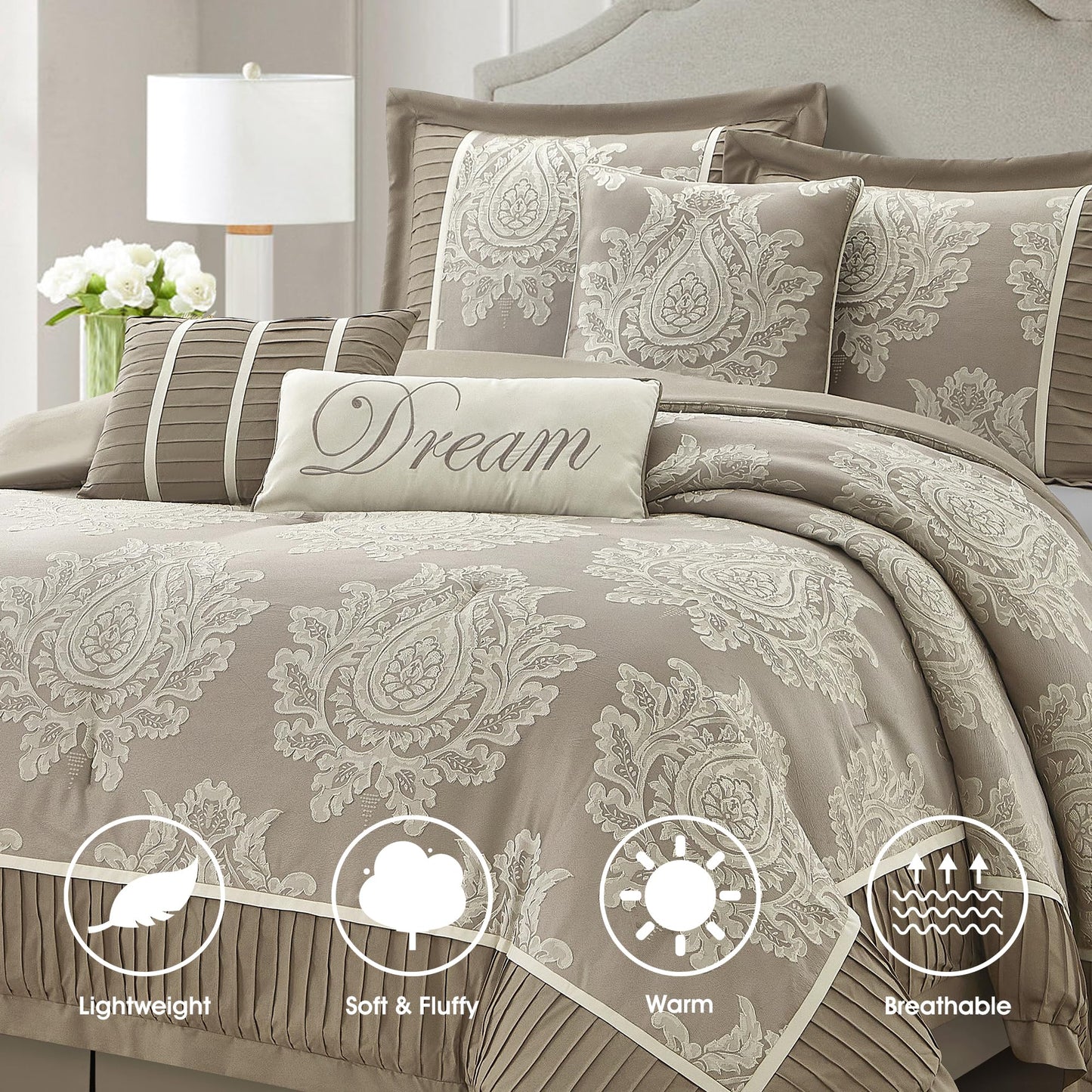 LANCO MODERN LIFESTYLE Beige King Size Comforter Set 7 Pieces, Jacquard Woven with Damask, Bedding Set in a Bag Includes Comforter, Bed Skirt, Pillow Shams, and Decorative Pillows