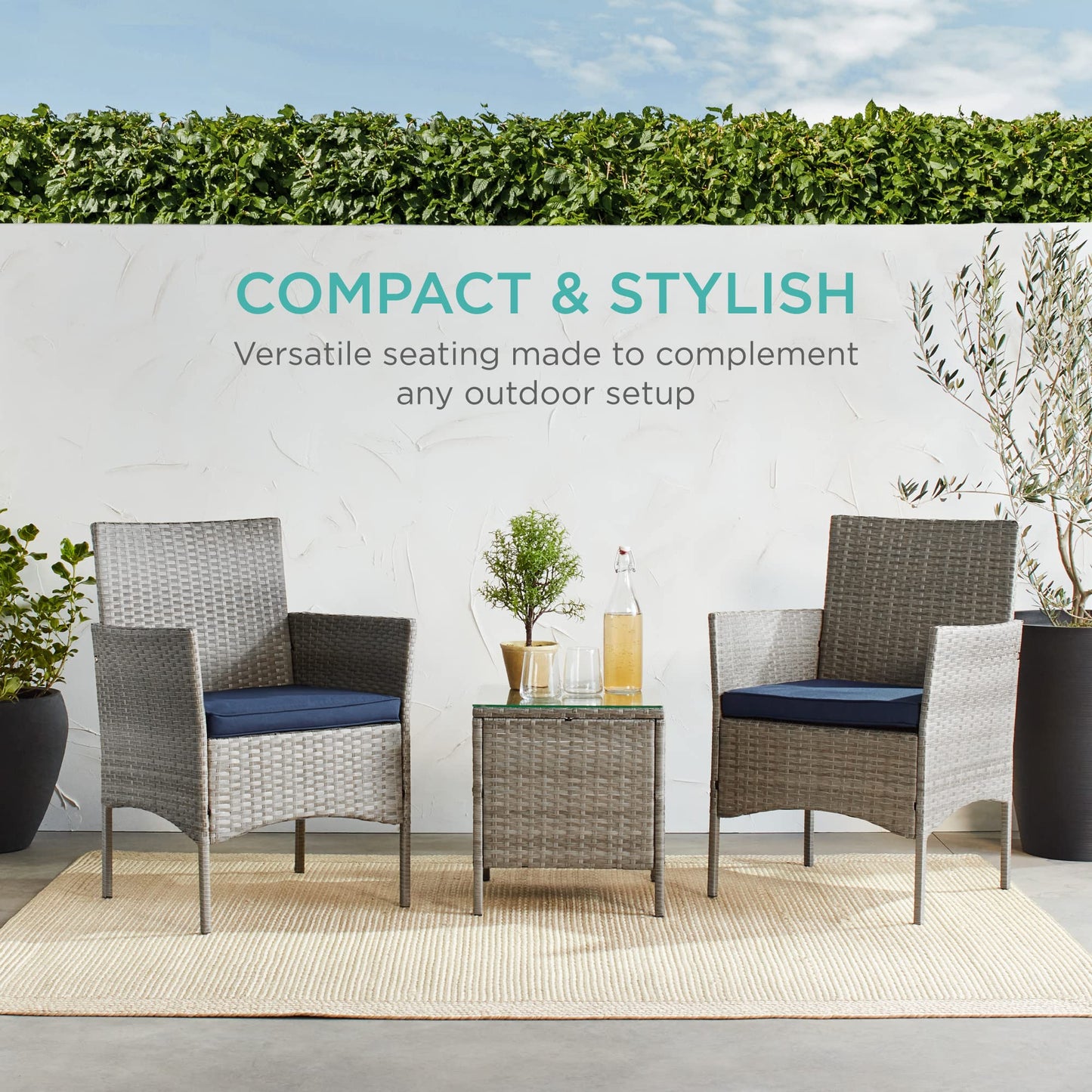 Best Choice Products 3-Piece Outdoor Wicker Conversation Bistro Set, Space Saving Patio Furniture for Garden w/Side Table - Gray/Navy