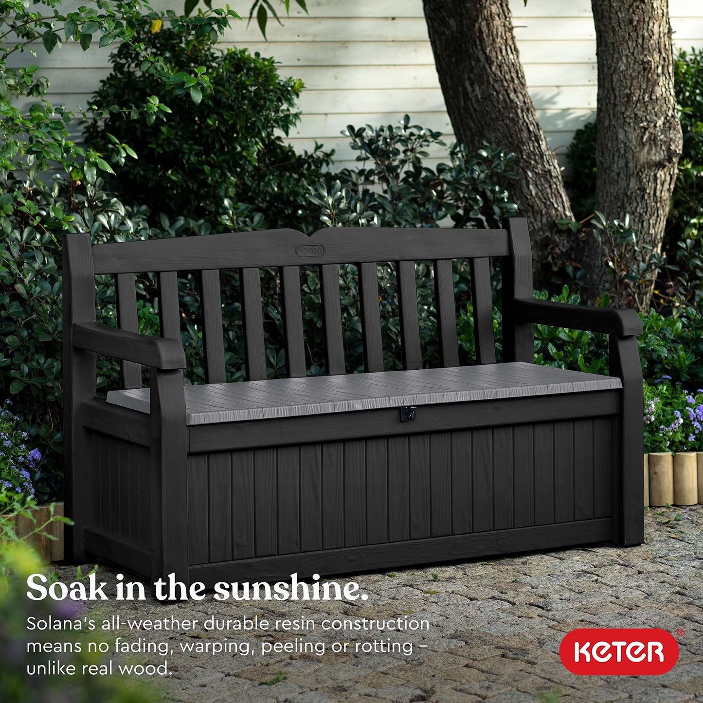 Keter Solana 70 Gallon Storage Bench Deck Box for Patio Furniture, Front Porch Decor and Outdoor Seating – Perfect to Store Garden Tools and Pool Floats, Graphite