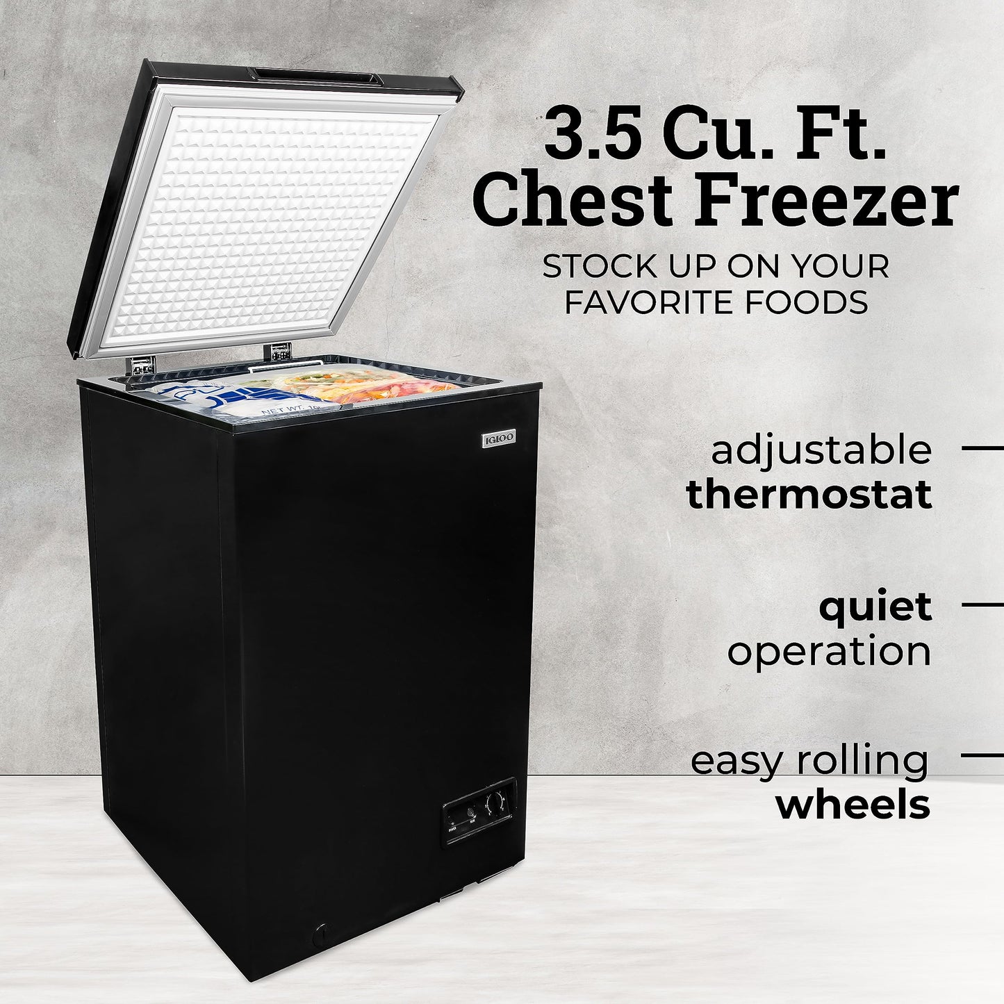 Igloo 3.5 Cu. Ft. Chest Freezer with Removable Basket and Front Defrost Water Drain, Small Deep Freezer Perfect for Homes, Garages, and RVs, Black