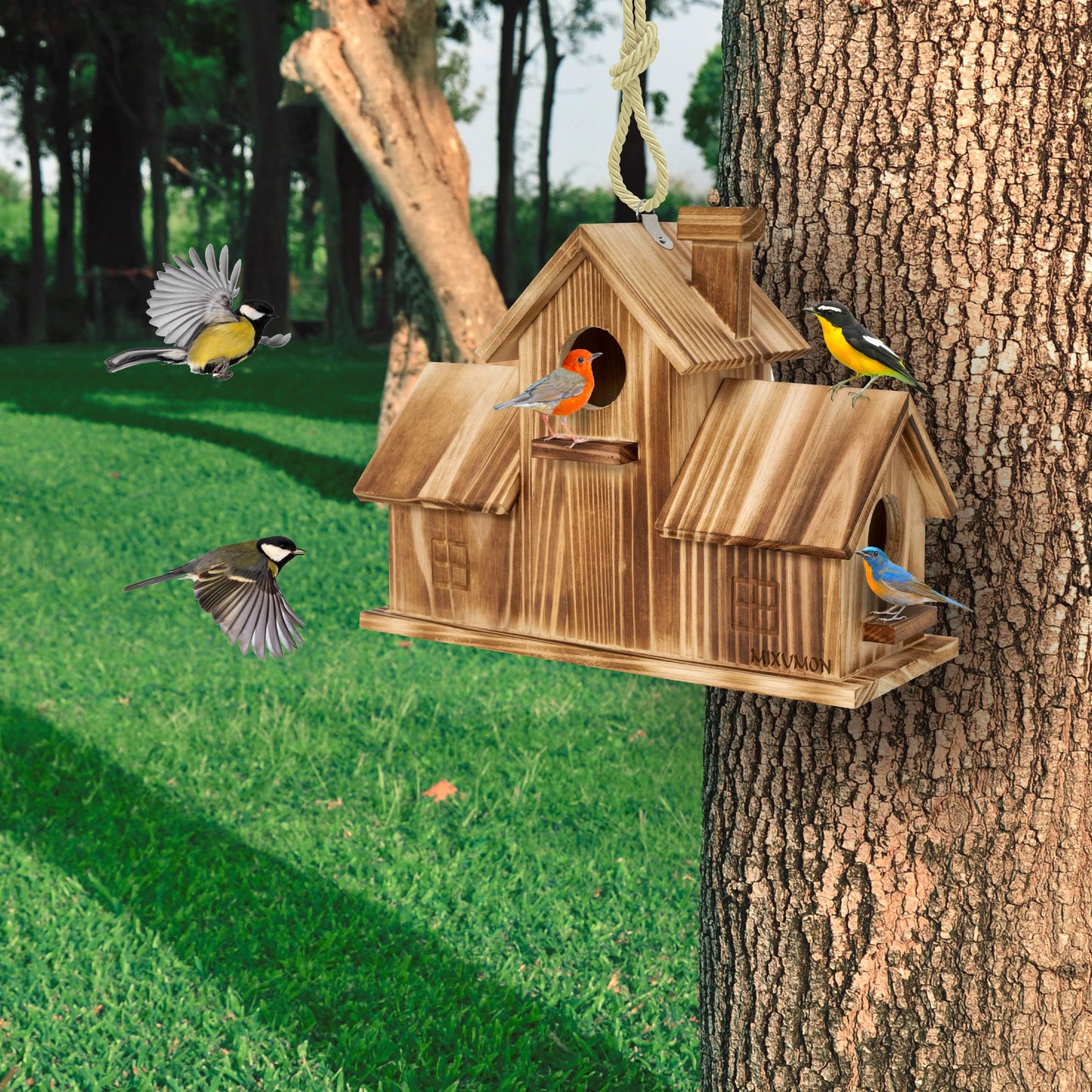 MIXUMON Bird Houses for Outside, Outdoor 3 Hole Bird House Room for 3 Bird Families Bluebird Finch Cardinals Hanging Birdhouse for Garden (Style 1)