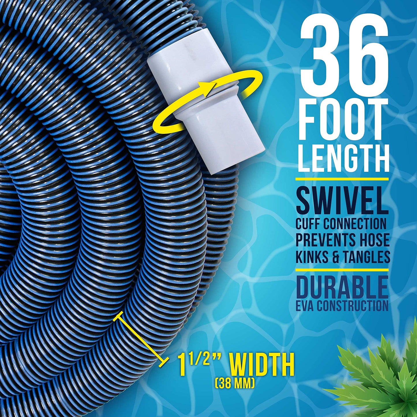 U.S. Pool Supply 1-1/2" x 36 Foot Professional Heavy Duty Spiral Wound Swimming Pool Vacuum Hose with Kink-Free Swivel Cuff, Flexible - Connect to Vacuum Heads, Skimmer, Filter Pump Inlet, Accessories