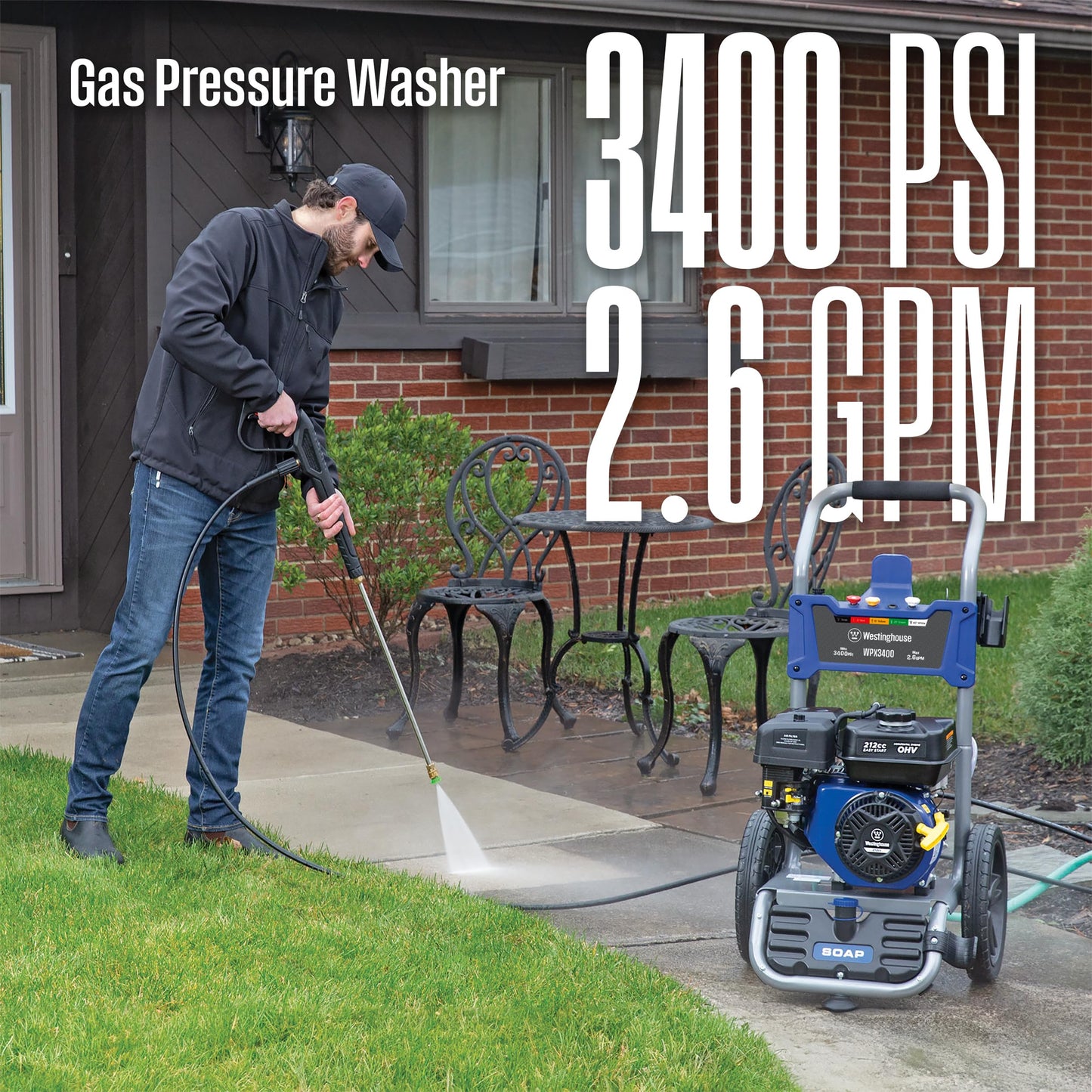 Westinghouse WPX3400 Gas Pressure Washer, 3400 PSI and 2.6 Max GPM, Onboard Soap Tank, Spray Gun and Wand, 5 Nozzle Set, for Cars/Fences/Driveways/Homes/Patios/Furniture