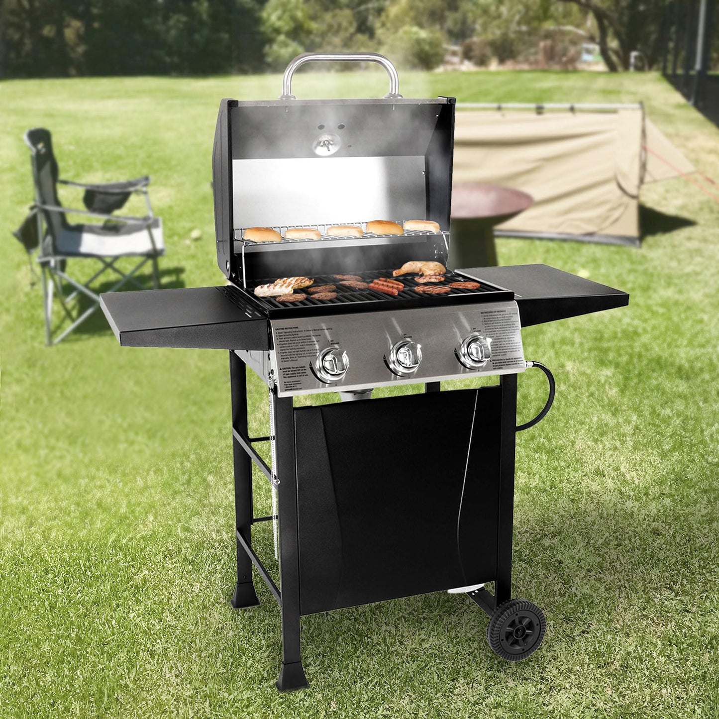 Grill Boss Outdoor Barbeque 3 Burner Propane Gas Grill for Barbecue Cooking with Top Cover Lid, Wheels, and Side Storage Shelves, Black