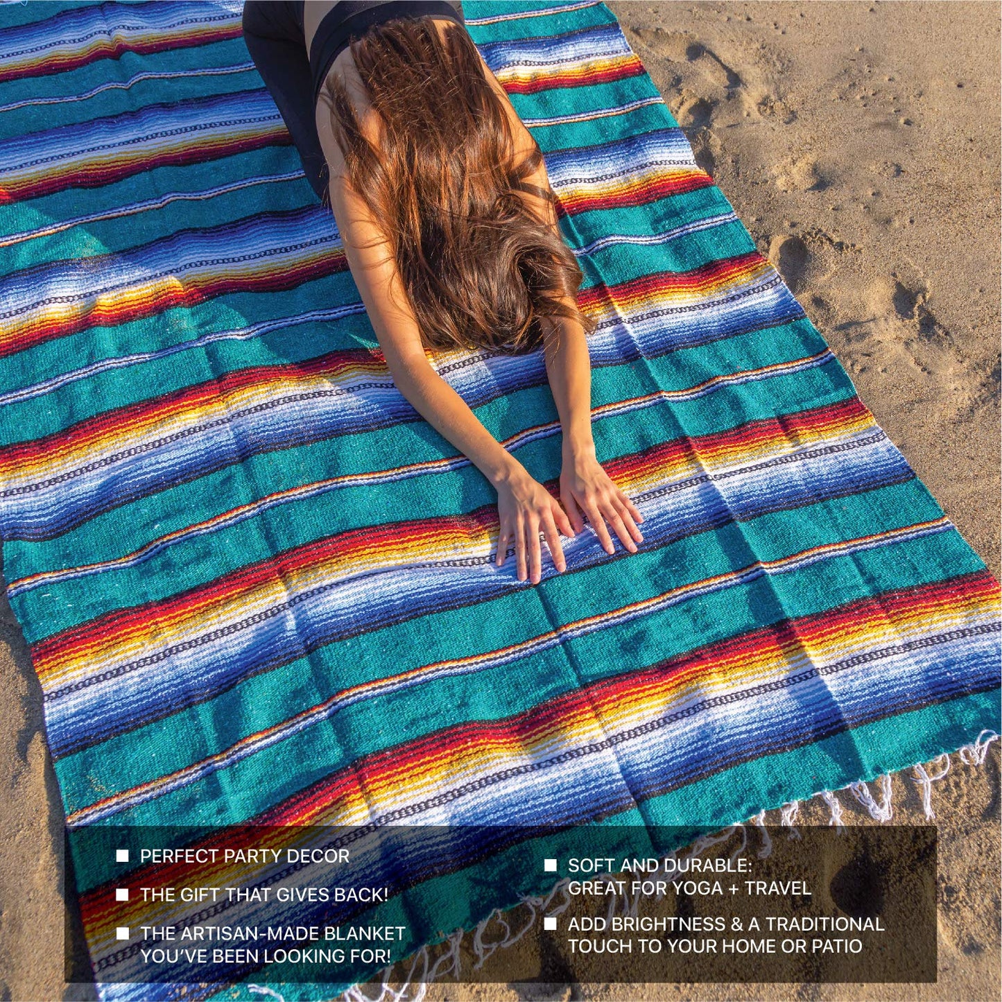 Benevolence LA Mexican Blanket, Authentic Handwoven Yoga Blanket & Outdoor Blanket, Made by Traditional Mexican Artisans, Saddle Blanket, Beach Blanket, Picnic Blanket, & Car Blanket 75 x 52 - Agua