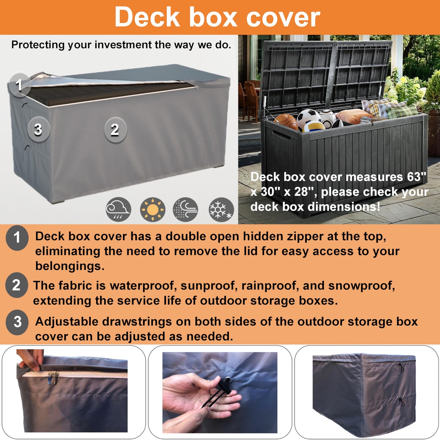 Deck Box Cover, Outdoor Large Storage Box Cover 150 Gallon Deck Box Dust Cover Heavy Duty 600D Oxford Fabric Patio Furniture Cover, Rain, Dust, UV, Wind, Snow Resistant, 63 x 30 x 28 Inches