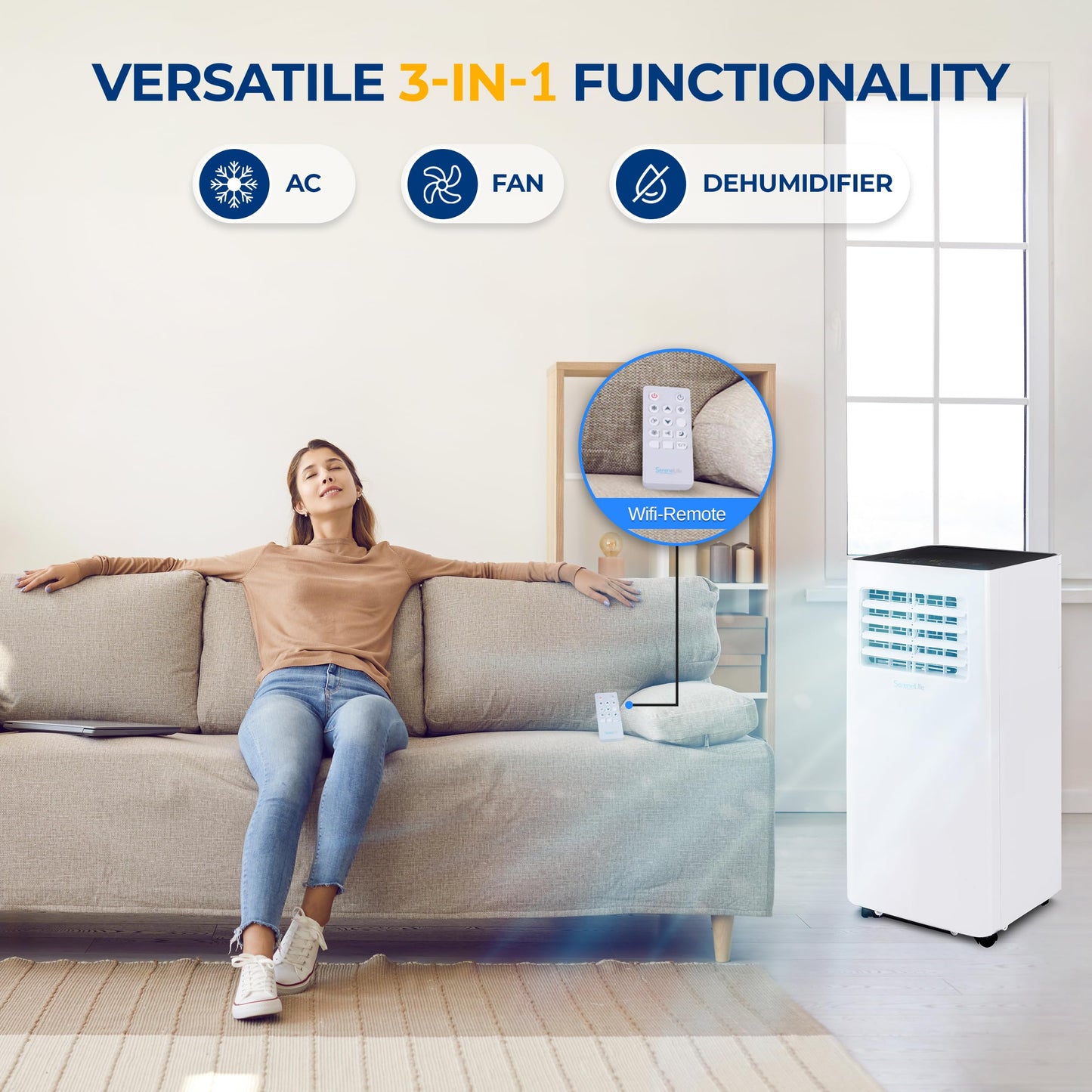 SereneLife Small Air Conditioner Portable 10,000 BTU with Built-in Dehumidifier - Portable AC unit for rooms up to 450 sq ft - WiFi app + Remote Control, Window Mount Exhaust Kit