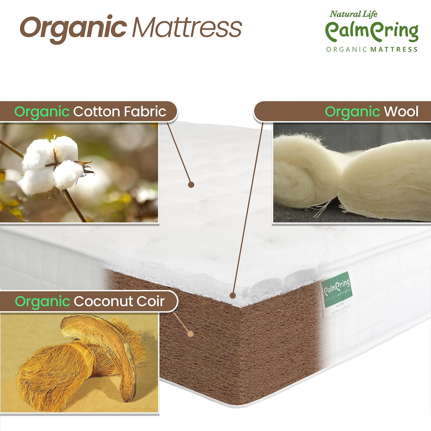 NATURAL LIFE PALMPRING Cambay Full Mattress - Organic Coconut Coir 8” Extra Firm 1 Layer Comfortable Sleep Bed Dust Free