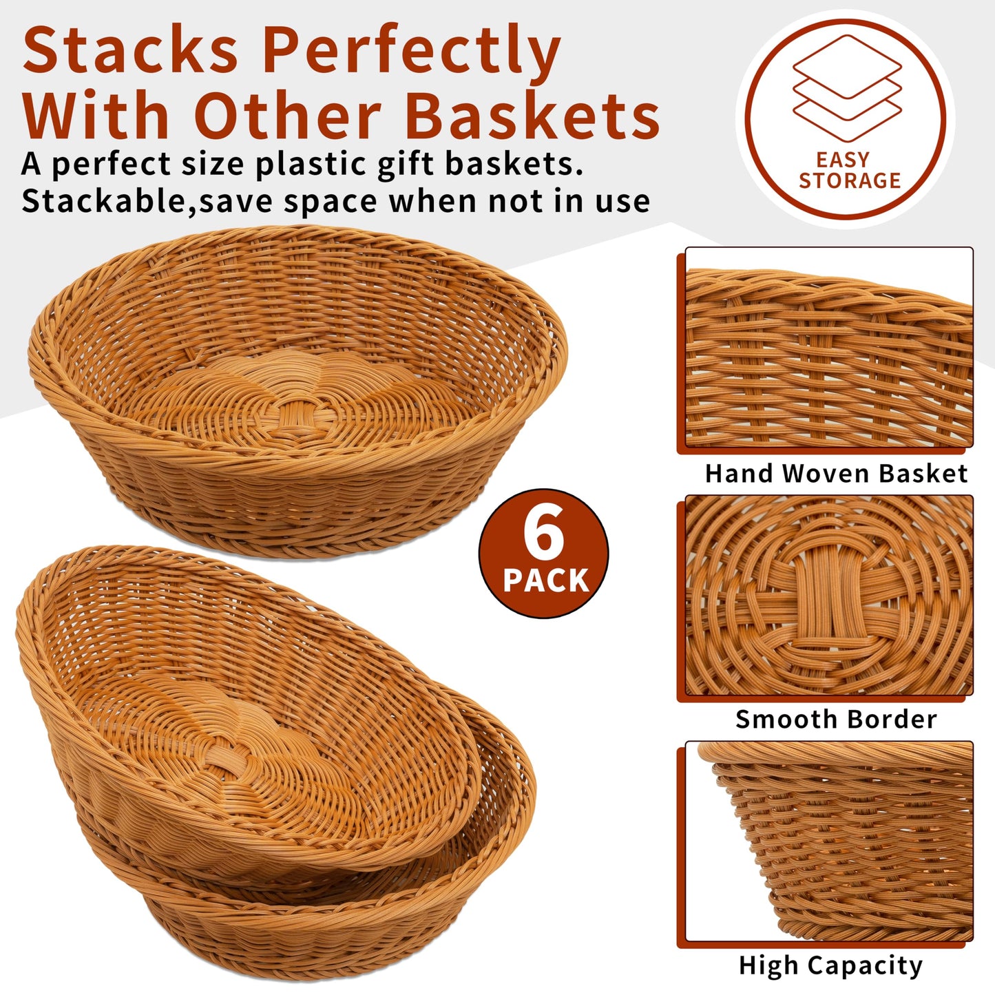 Pojaikob Poly Wicker Woven Bread Basket - 6 Pack Imitation Rattan Fruit Basket - 11.8"D x 9"W x 2.75"H Stackable Round Food Baskets for Serving Display Storage Kitchen Restaurant Home Vegetable