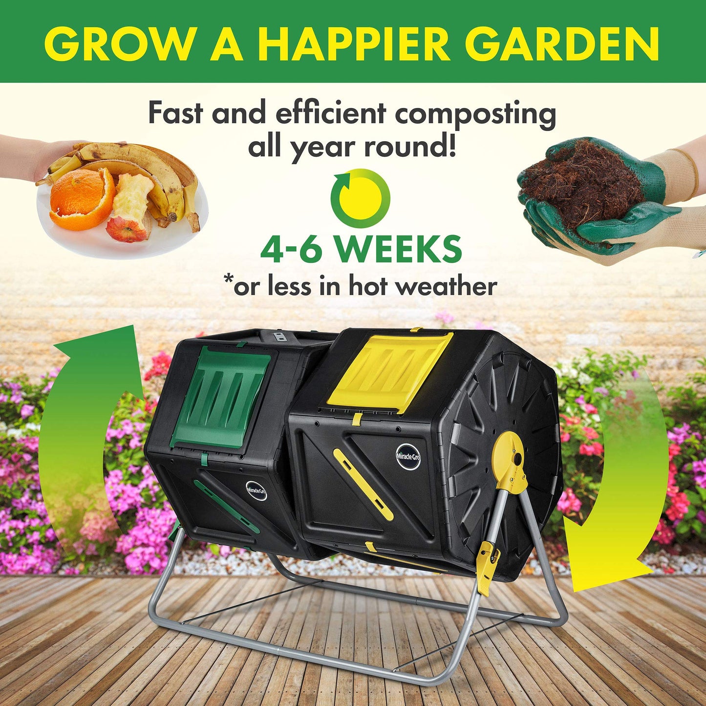 Miracle-Gro Large Dual Chamber Compost Tumbler – Easy-Turn, Fast-Working System – All-Season, Heavy-Duty, High Volume Composter with 2 Sliding Doors - (2 – 27.7gallon /105 Liter)