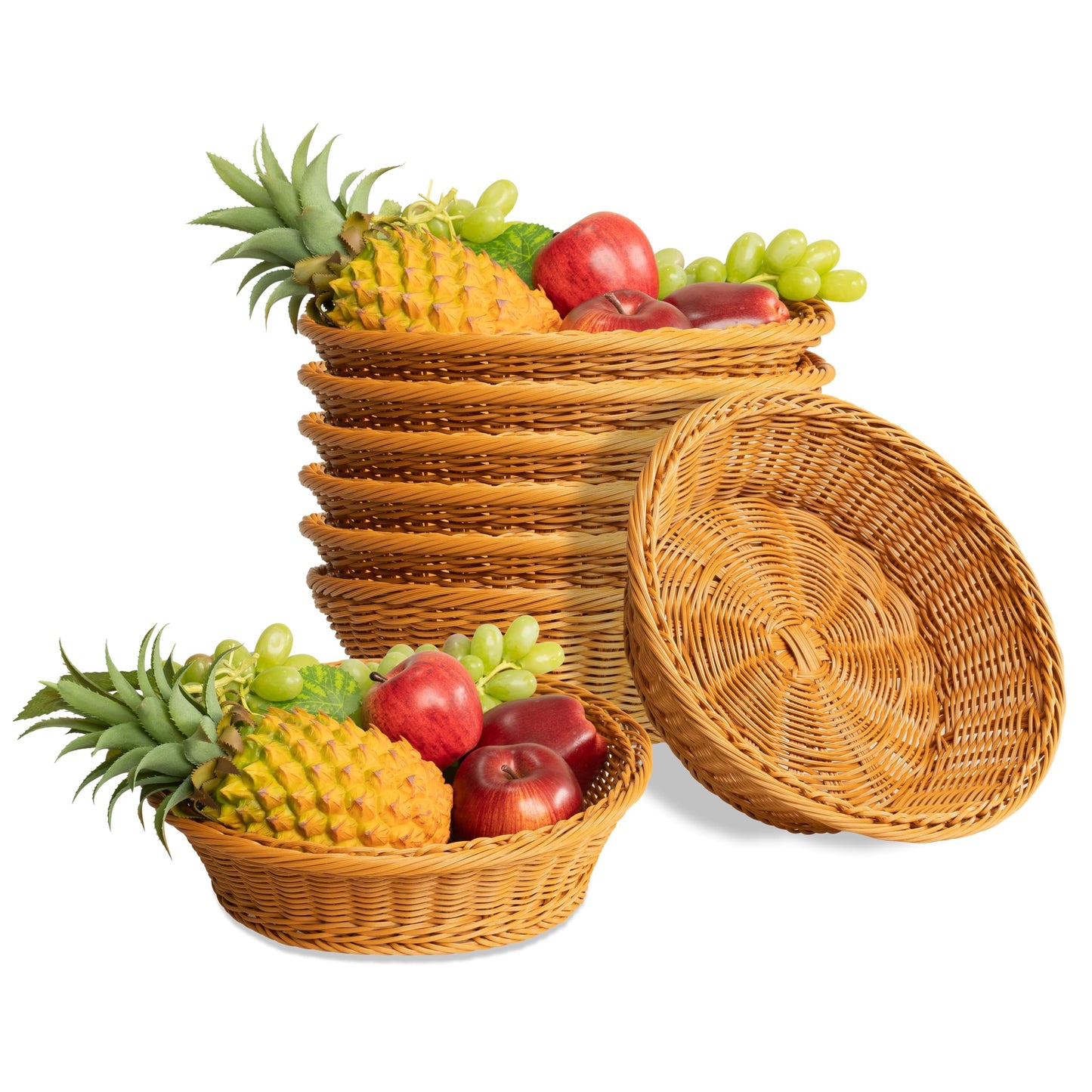 Pojaikob Poly Wicker Woven Bread Basket - 6 Pack Imitation Rattan Fruit Basket - 11.8"D x 9"W x 2.75"H Stackable Round Food Baskets for Serving Display Storage Kitchen Restaurant Home Vegetable