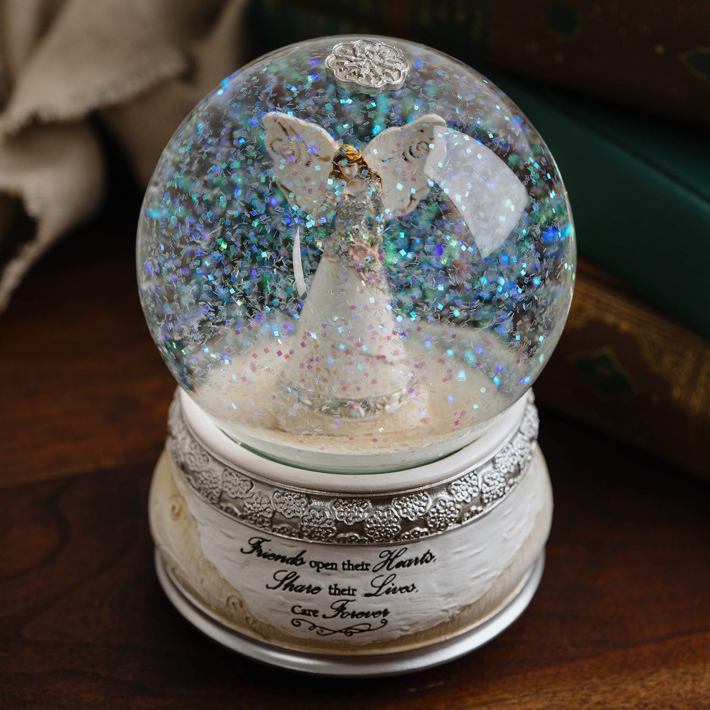 Pavilion Gift Company 82304 Elements Friends Angel Musical Waterglobe, 6-Inch/100mm, Inscription Friends Open Their Hearts Share Their Lives, Care Forever , White