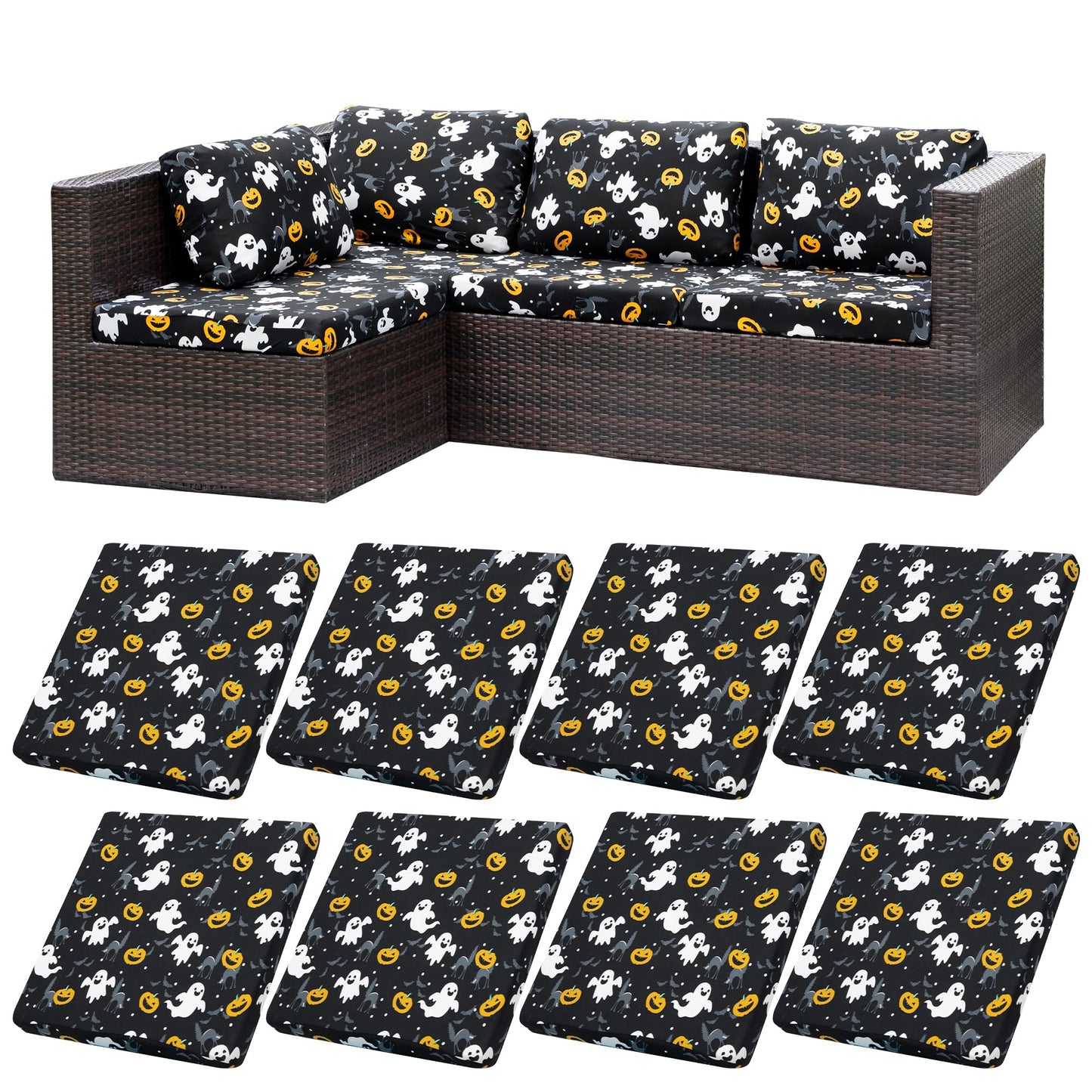 8Pcs Halloween Patio Cushion Covers Spooky Pumpkins Outdoor Cushion Covers,for Halloween Party Outdoor Couch Cushion Covers Replacement,Outdoor Sofa Covers Patio Slipcovers Couch Cover (Cover Only)