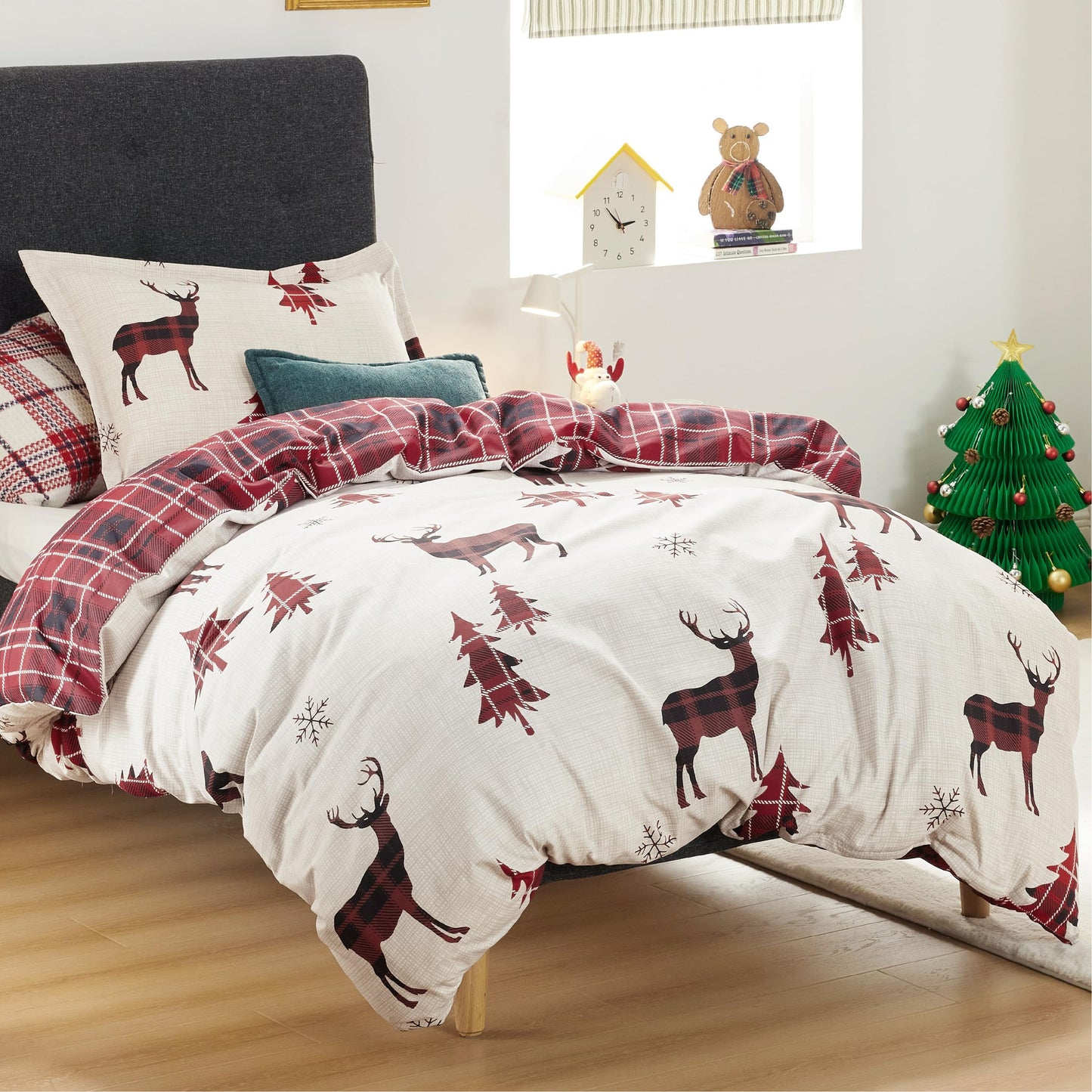 Bedsure Christmas Duvet Cover Twin - Christmas Kids Bedding Set, Reversible Buffalo Check Printed Christmas Plaid Duvet Cover, Includes 1 Duvet Cover and 1 Pillow Sham (Twin, Reindeer)