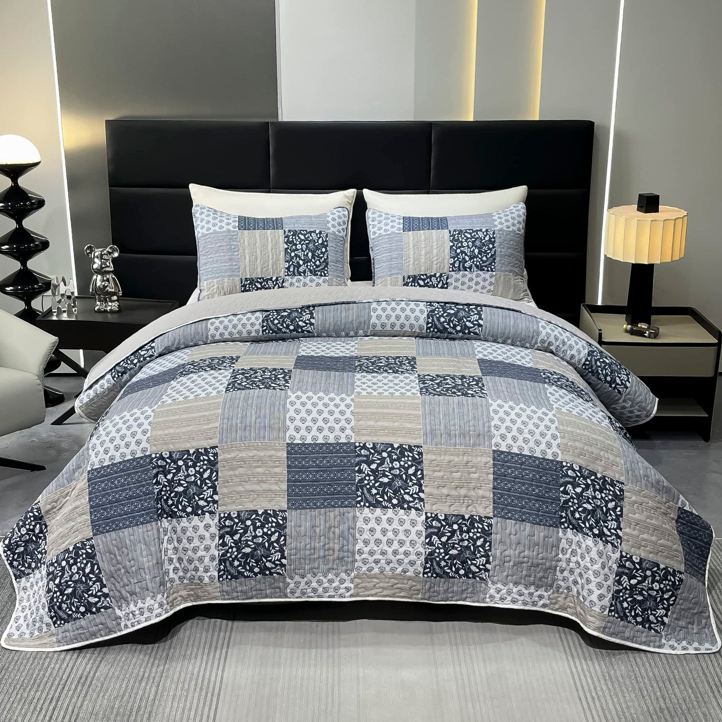 VIVILINEN King Size Quilt Set Grey Floral Quilted Bedspread Coverlet Set 3-Piece Lightweight Reversible Stitched Comforter Bedding Set Bed Sheet Cover Blanket with 2 Pillow Shams