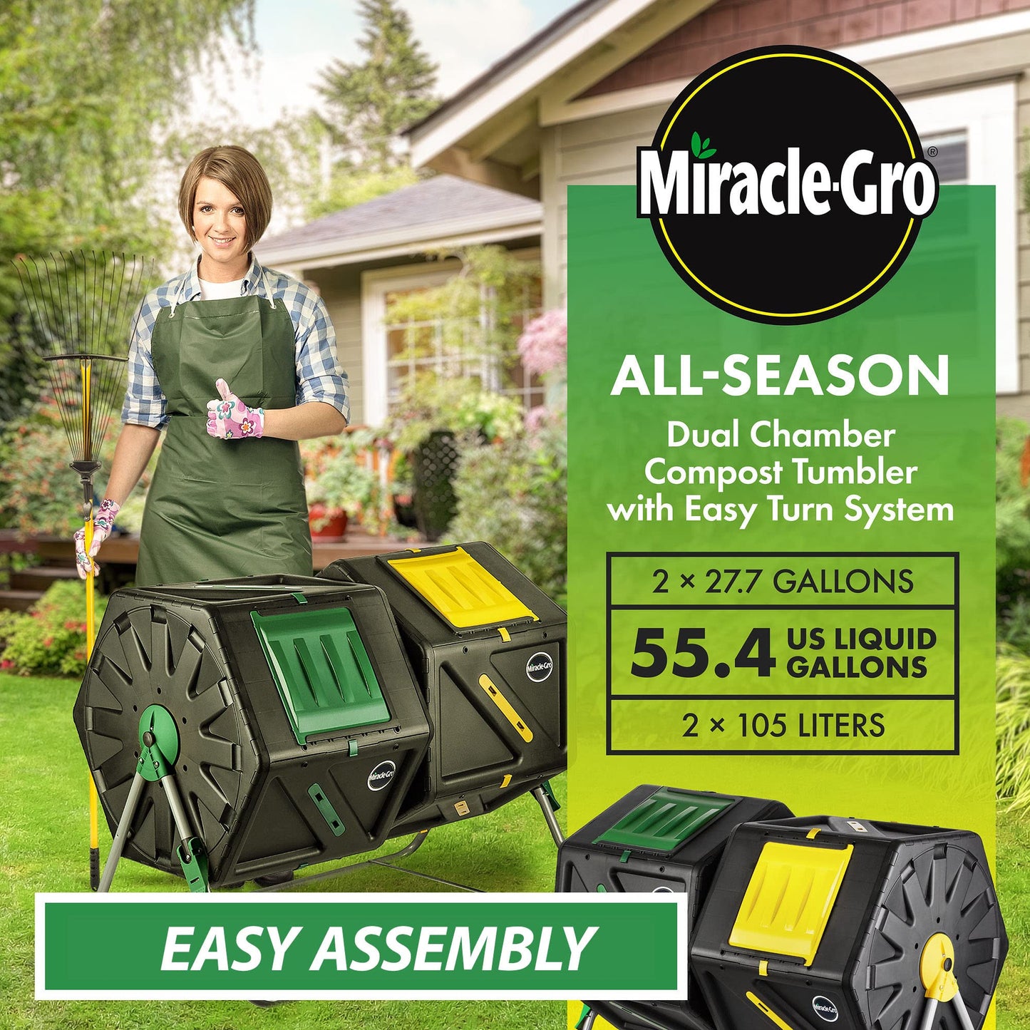 Miracle-Gro Large Dual Chamber Compost Tumbler – Easy-Turn, Fast-Working System – All-Season, Heavy-Duty, High Volume Composter with 2 Sliding Doors - (2 – 27.7gallon /105 Liter)