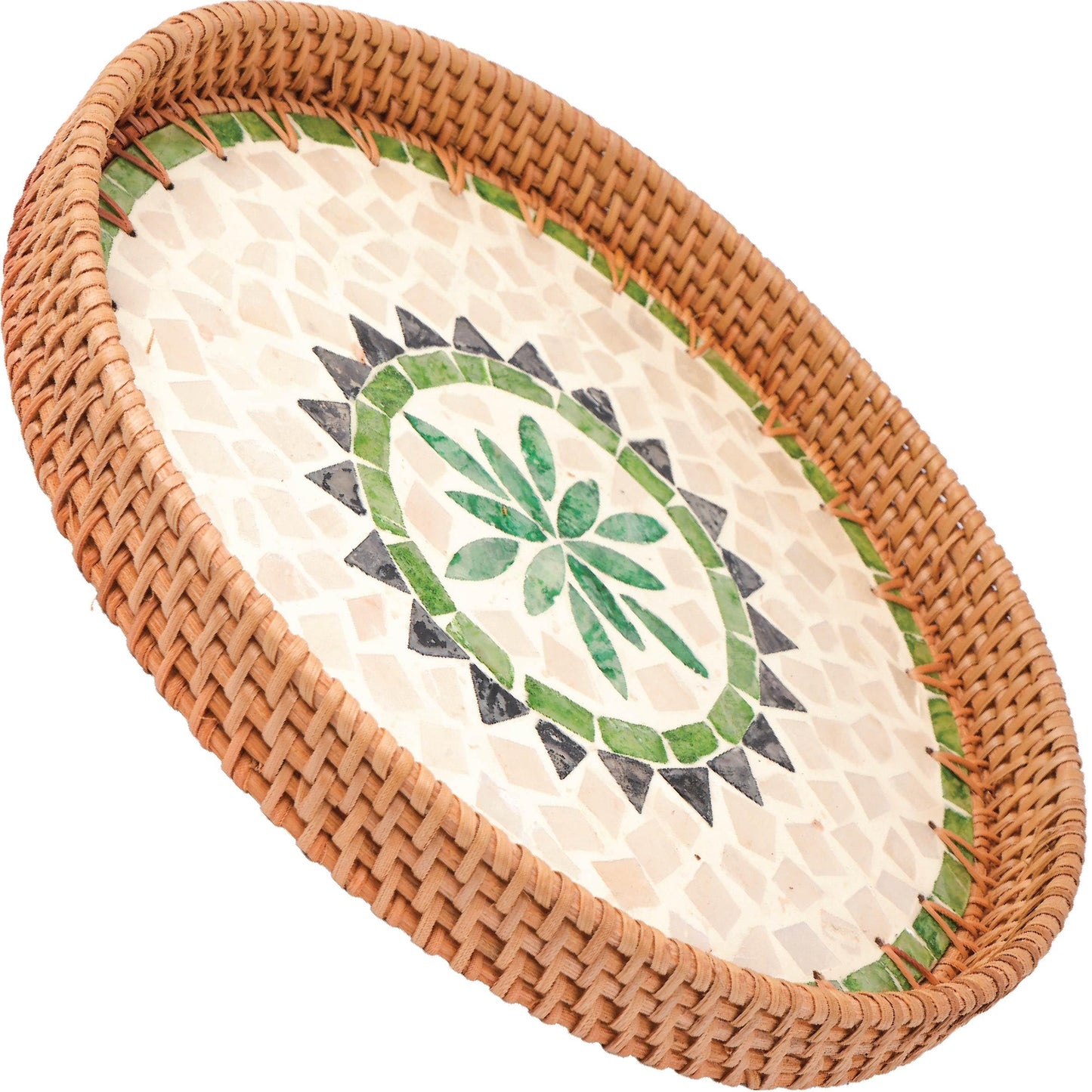 AN68 11.8 inches Round Rattan Serving Tray with Mother of Pearl Inlay, Home Decorative Wicker Basket for Table Decor, Kitchen, Bathroom and Display of Coffee, Bread, Food & Fruit (Sun)