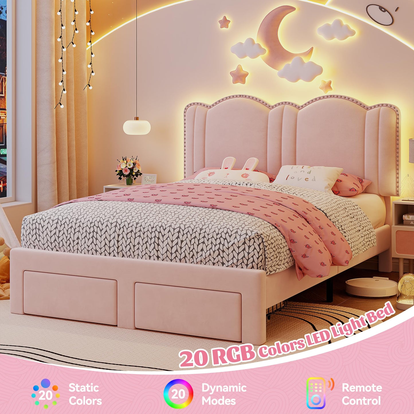 EnHomee Full LED Bed Frame with Storage Drawers,Upholstered Bed Frame with Adjustable Headboard, Princess Platform Bed Frame,Strong Solid Wooden Slats, No Box Spring Required, Easy Assembly, Pink