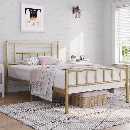 Yaheetech 13 inch Twin Size Metal Bed Frame with Headboard and Footboard Platform Bed Frame with Storage No Box Spring Needed Mattress Foundation Antique Gold