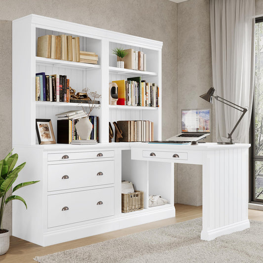 Merax 83.4" Tall Storage Bookshelf&Writting Desk Suite with LED Lighting,Drawers,Open Shelves,2-Piece Set for Living Room,White