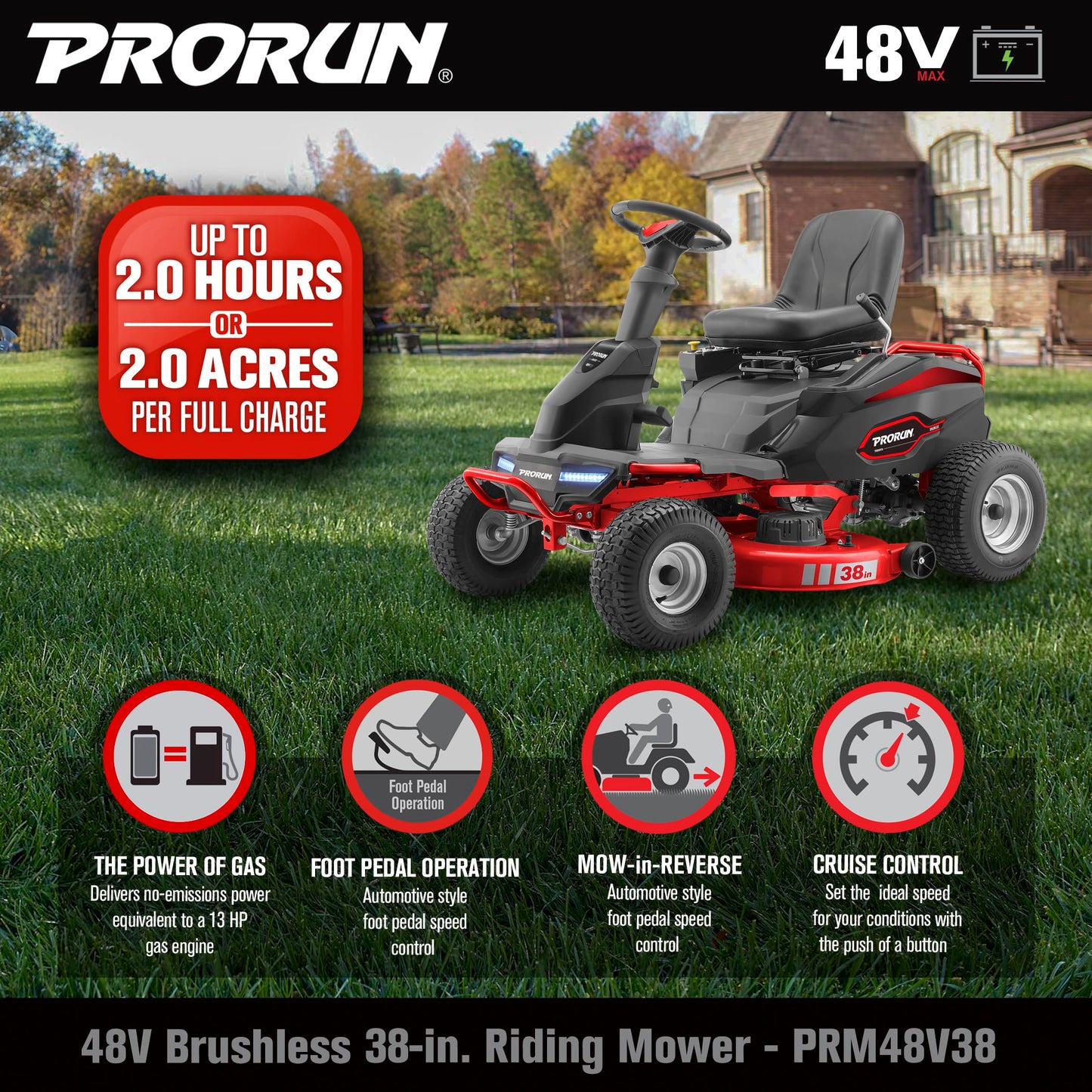 PRORUN 48V 38-in. Steel Deck Brushless Riding Lawn Mower with 75 Ah Battery and Charger