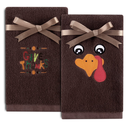 Quera 2 Pack Thanksgiving Hand Towels Turkey Embroidered Premium Luxury Decor Fall Bathroom Decorative Dish Set for Drying, Cleaning, Cooking, Autumn 13.7'' x 29.5'',Brown,Give Thanks.