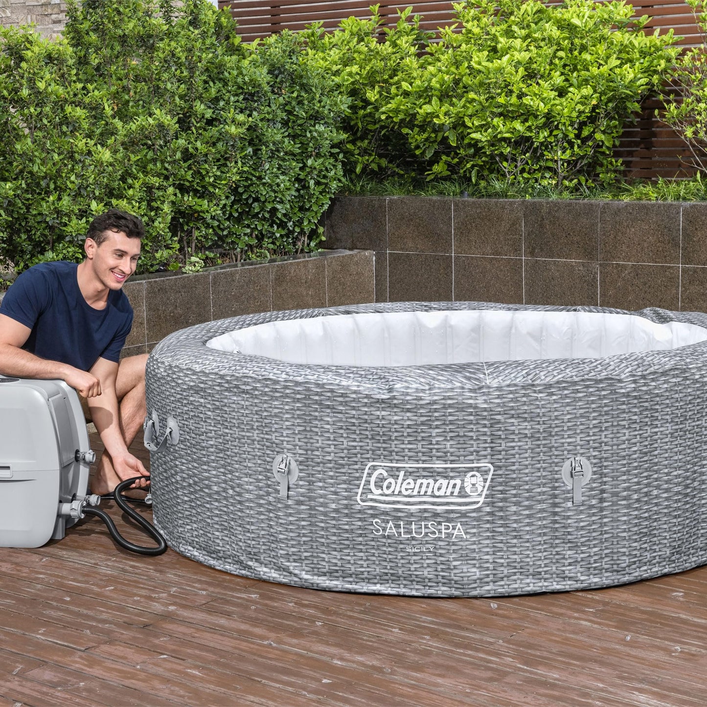 Coleman SaluSpa Sicily AirJet 7 Person Inflatable Hot Tub Round Portable Outdoor Spa with 180 Soothing AirJets and Insulated Cover, Gray