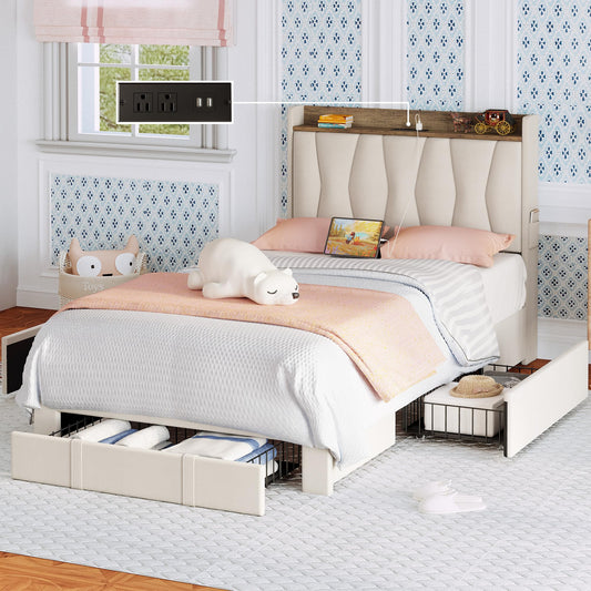 ANCTOR Twin Bed Frame with 3 Drawers, Upholstered Platform Bed with Storage Headboard and Charging Station, No Box Spring Needed, Easy Assembly, Beige
