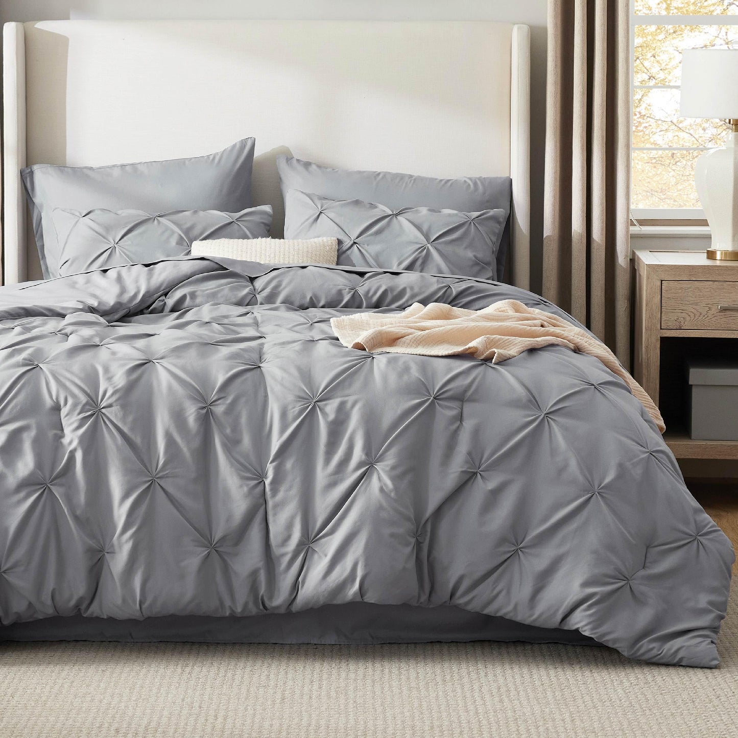 Bedsure California King Comforter Set - Cal King Bed Set 7 Pieces, Pinch Pleat Grey Cali King Bedding Set with Pintuck Comforter, Sheets, Pillowcases & Shams