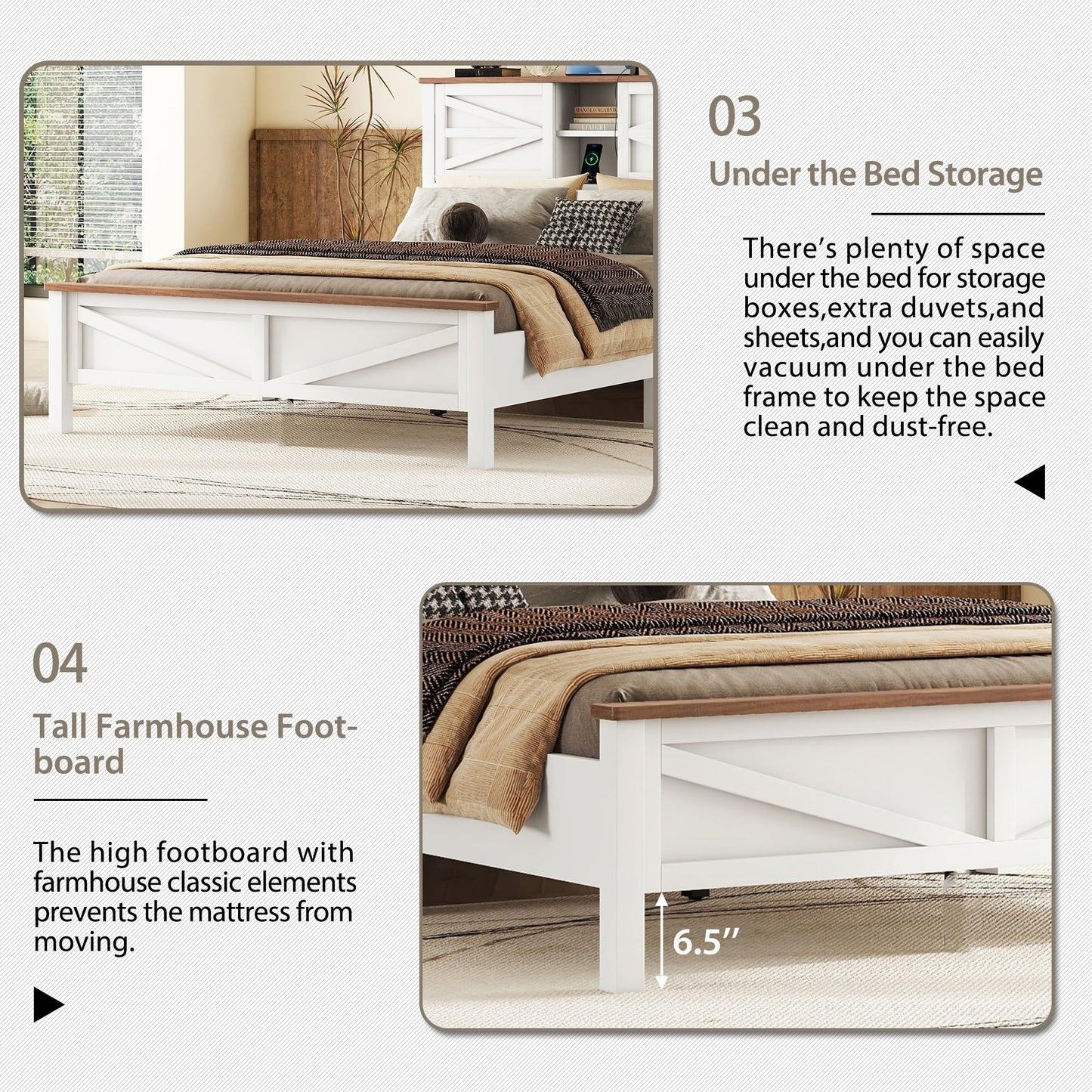 3 Pieces Bedroom Set Full Size Platform Bed with Storage Headboard, Nightstand and Dresser, 3 Piece Wood Bedroom Furniture Set,White+Brown