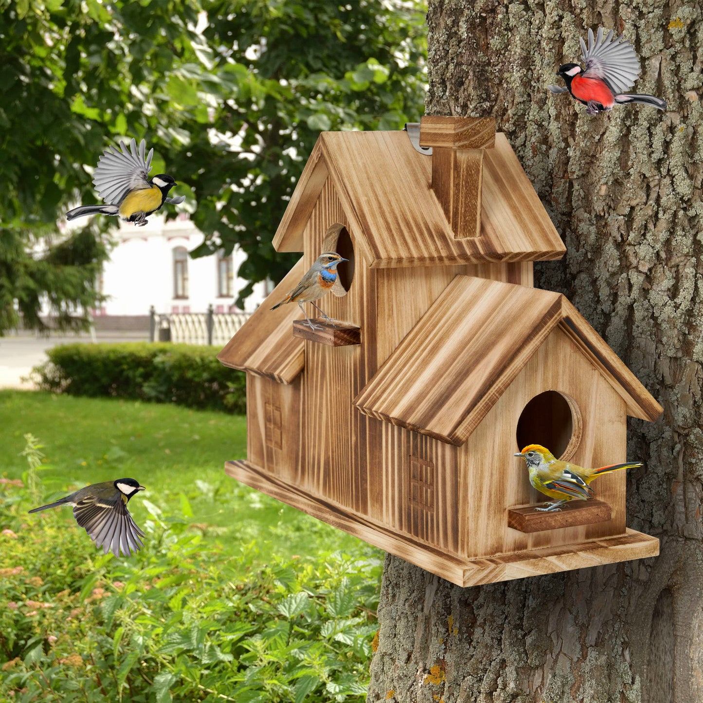 MIXUMON Bird Houses for Outside, Outdoor 3 Hole Bird House Room for 3 Bird Families Bluebird Finch Cardinals Hanging Birdhouse for Garden (Style 1)