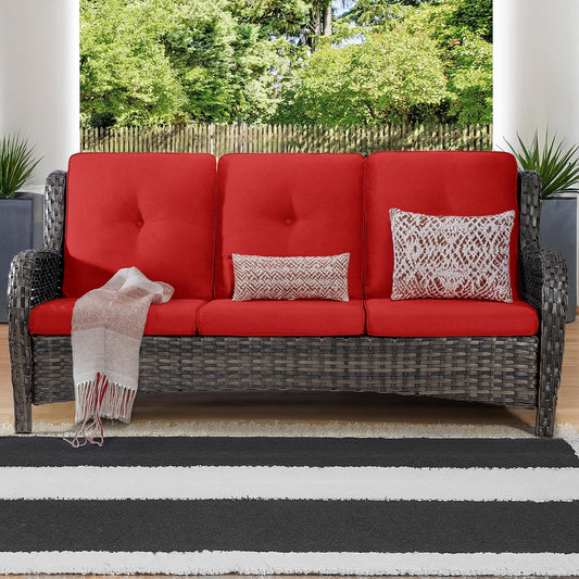 Gardenbee Outdoor Couch Wicker Patio Sofa - 3-Seat Patio Sofa with Deep Seating and Comfortable Cushions for Porch Deck Balcony Garden, Red