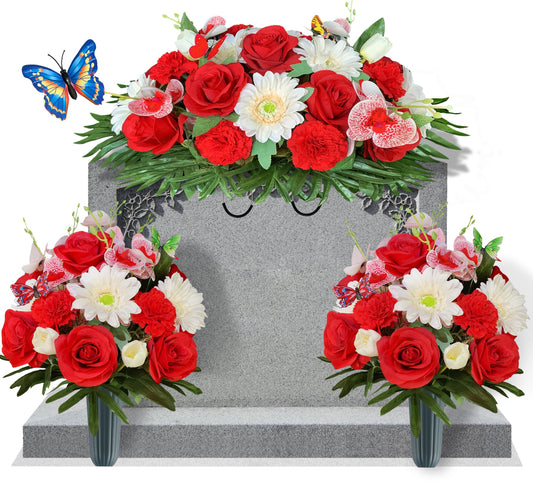 Saxili Cemetery Flower for Spring Grave Decoration, Artificial Headstone Flower Saddle，Graveside Memorial Arrangement，Non-Bleed Colors