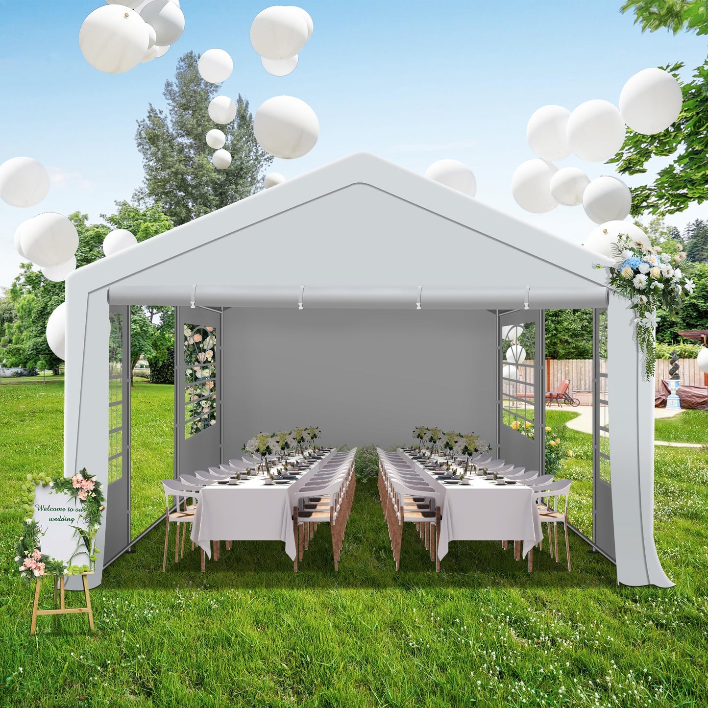 QZEN 20'x20' Canopy Party Tent, Heavy Duty Wedding Tent with Removable Sidewall & 4 Sand Bags, Outdoor Event Tent for Wedding, Birthday Party (20' x 20')